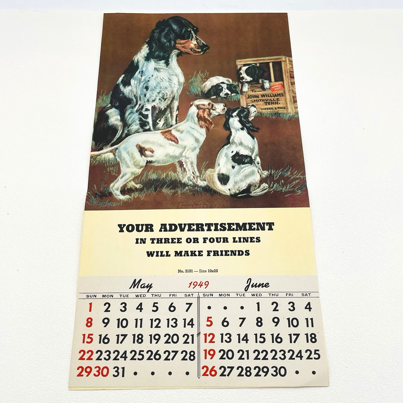 Vtg  1949 Salesman Sampler Calendar Hunting Dogs Puppies Larsen Litho 19\