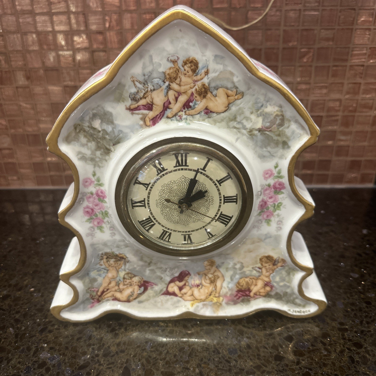 LANSHIRE  HAND PAINTED PORCELAIN ELECTRIC CLOCK~SIGNED~WORKS~CHERIBS