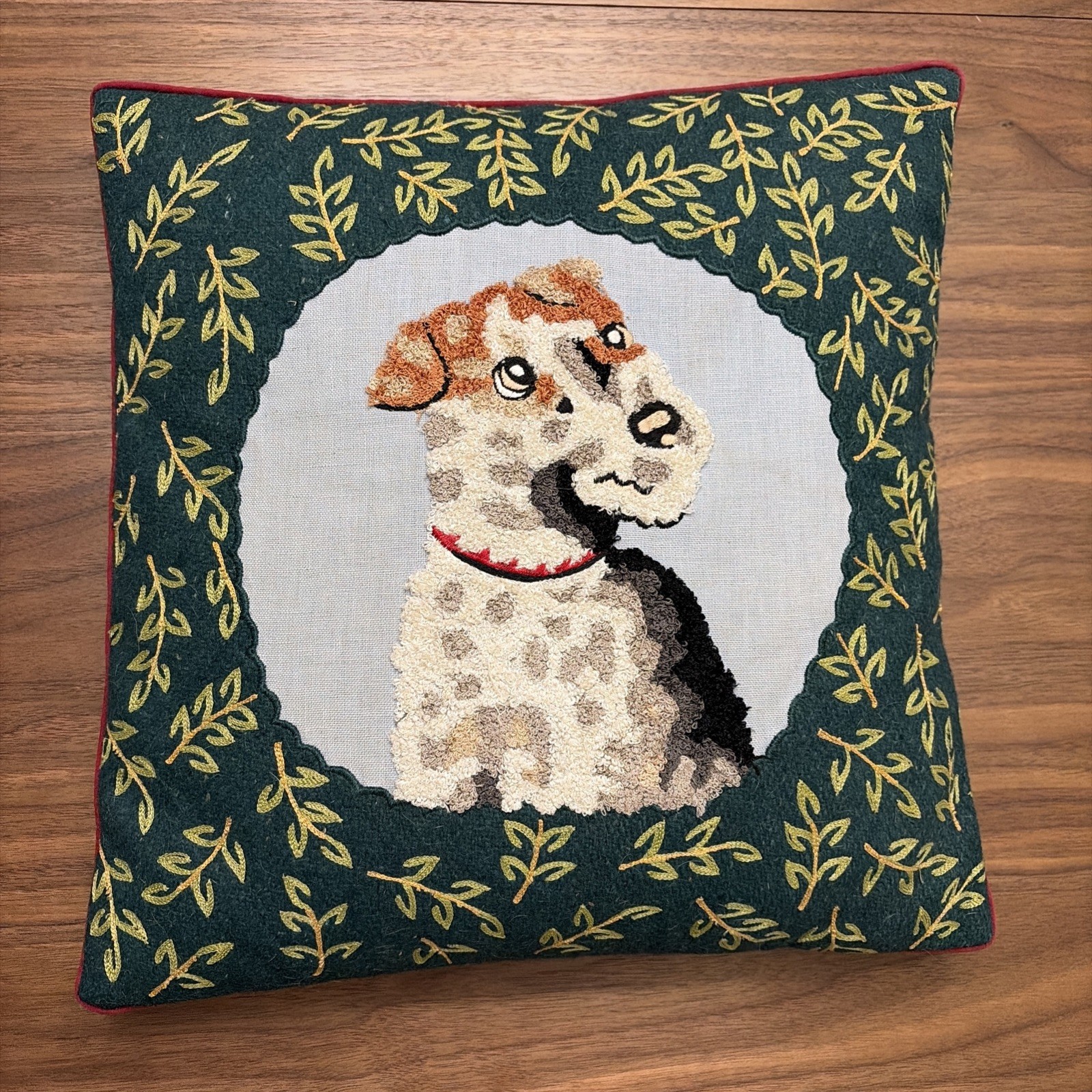 Rare Anthropologie Vintage Wool Needlepoint WireHair Fox Terrier Pillow Down 14”