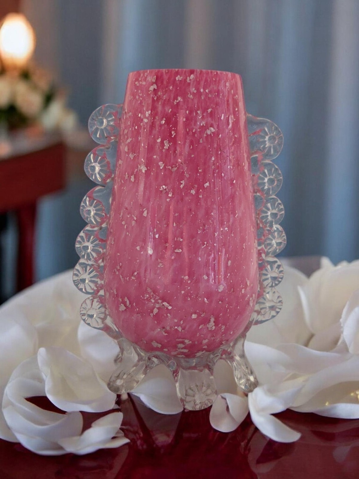 Victorian Pink Spangled Glass Vase w/ Applied Flowers Vasa Murrhina 7.25”
