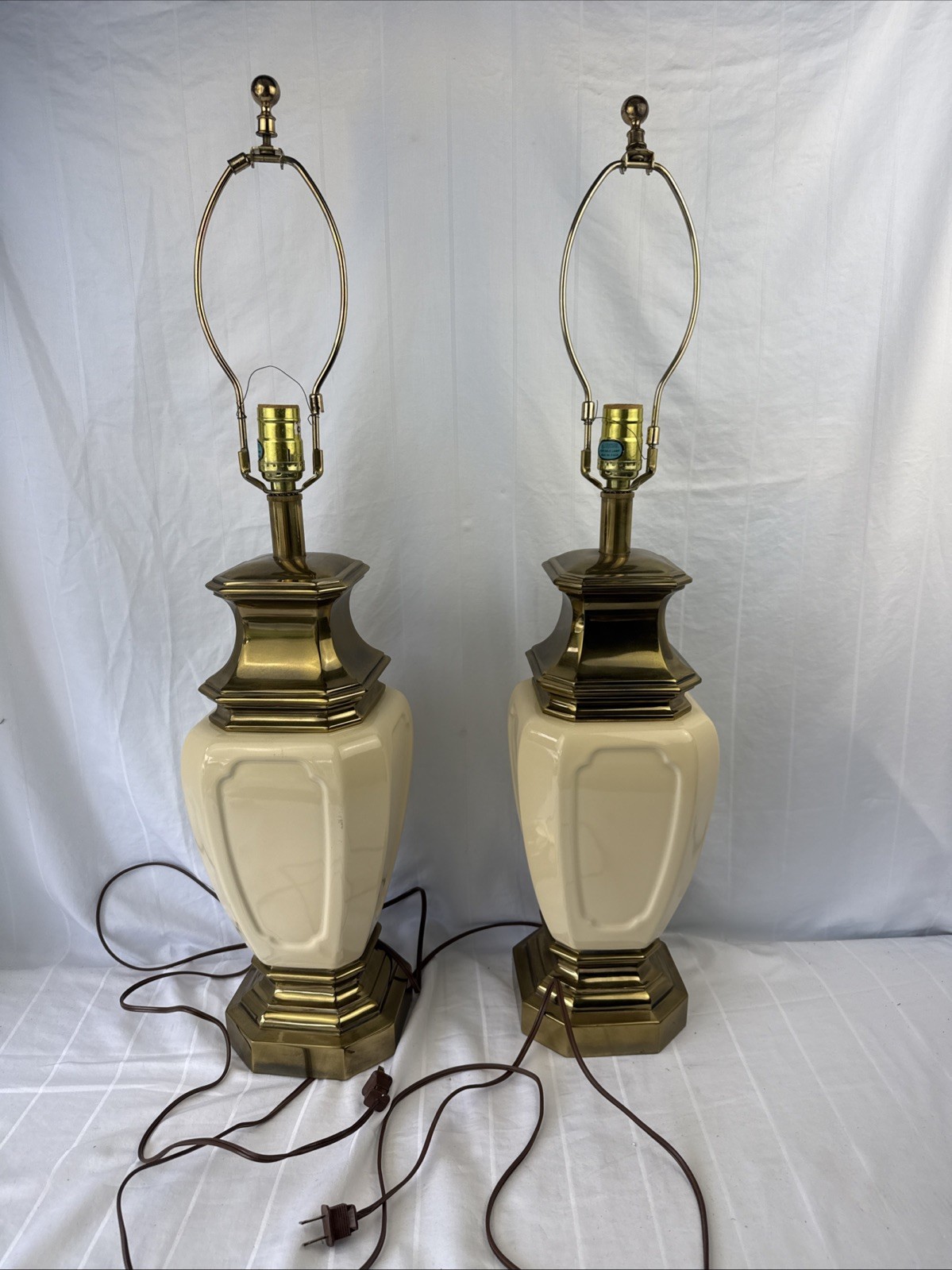 Vintage Stiffel Cream Porcelain & Brass Table Lamp Pair - Very Heavy