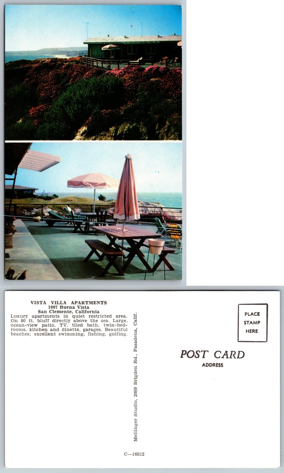 San Clemente CA Vista Villa Apartments 1007 Buena Vista Ocean View Postcard M21