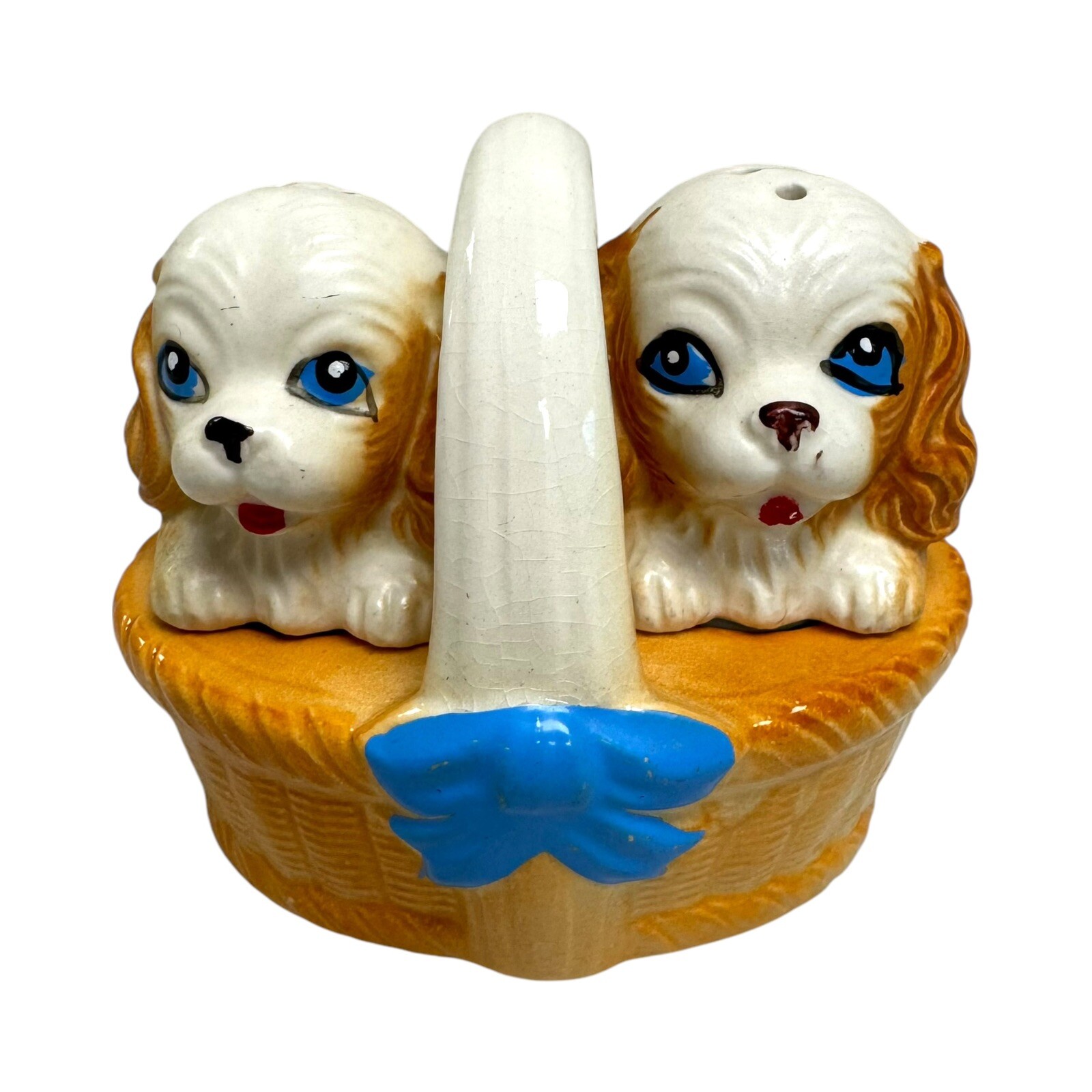 Vintage Spaniel Dog Puppies In Basket Novelty Salt & Pepper Shakers Set - CUTE