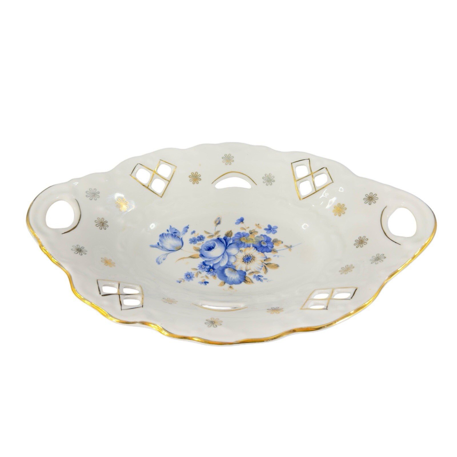 Vintage Apulum Fine Romanian Porcelain Dish Bowl With Handles Blue Flowers VTG