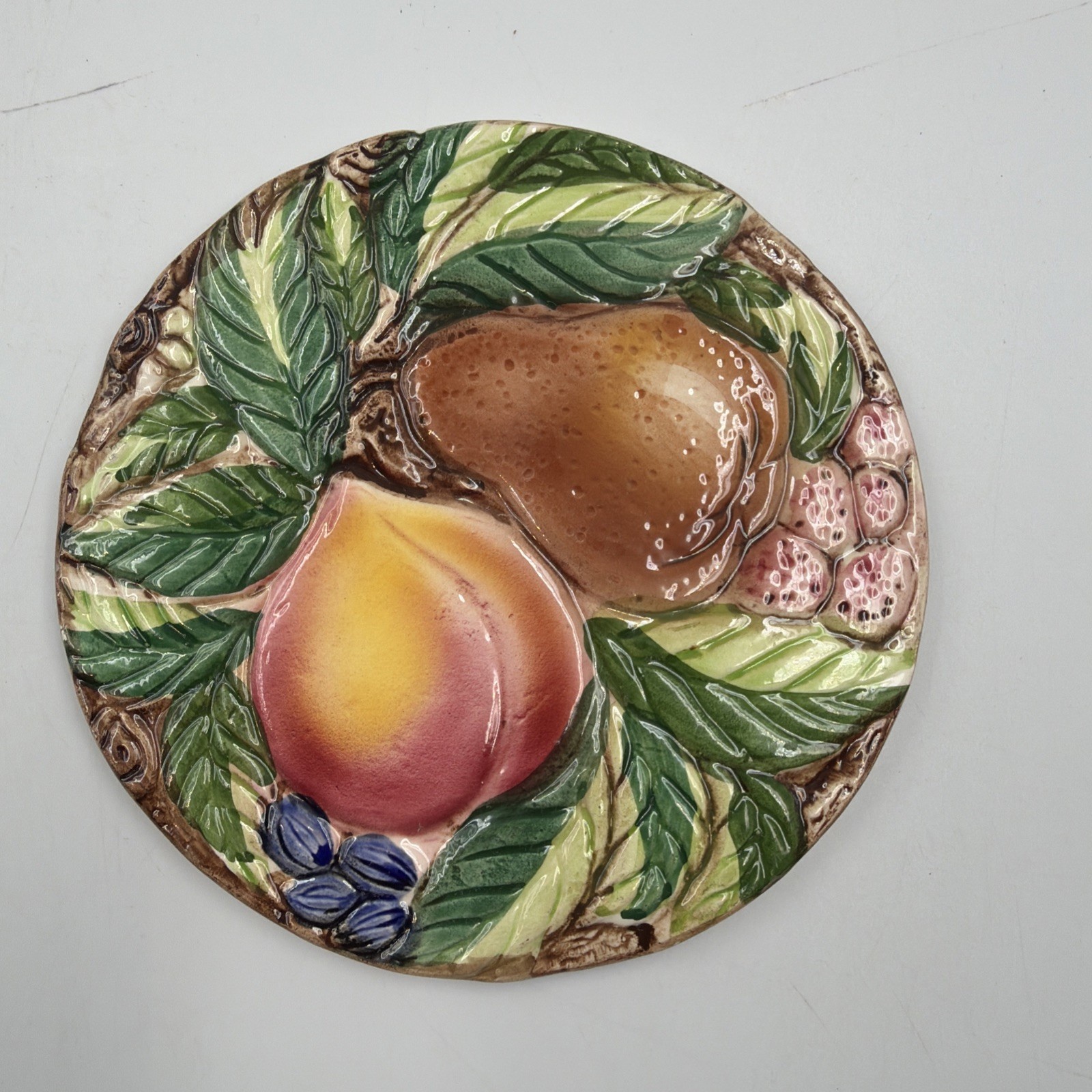 Italian Majolica Trivet Round Basket Weave With Fruit Peach & Pear Pottery