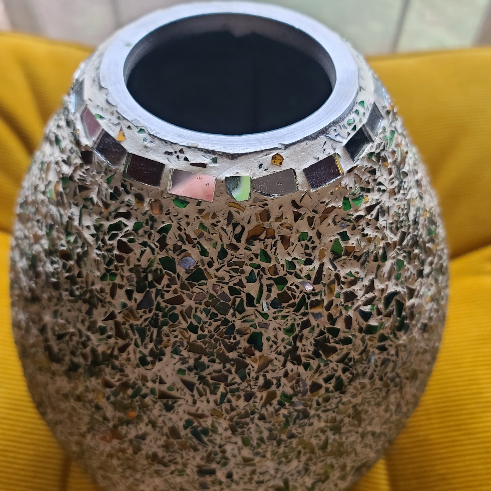 Vntg Vase Mcm Mirrored Mosaic Broken Glass Hollywood regency 16” Green Amber Big