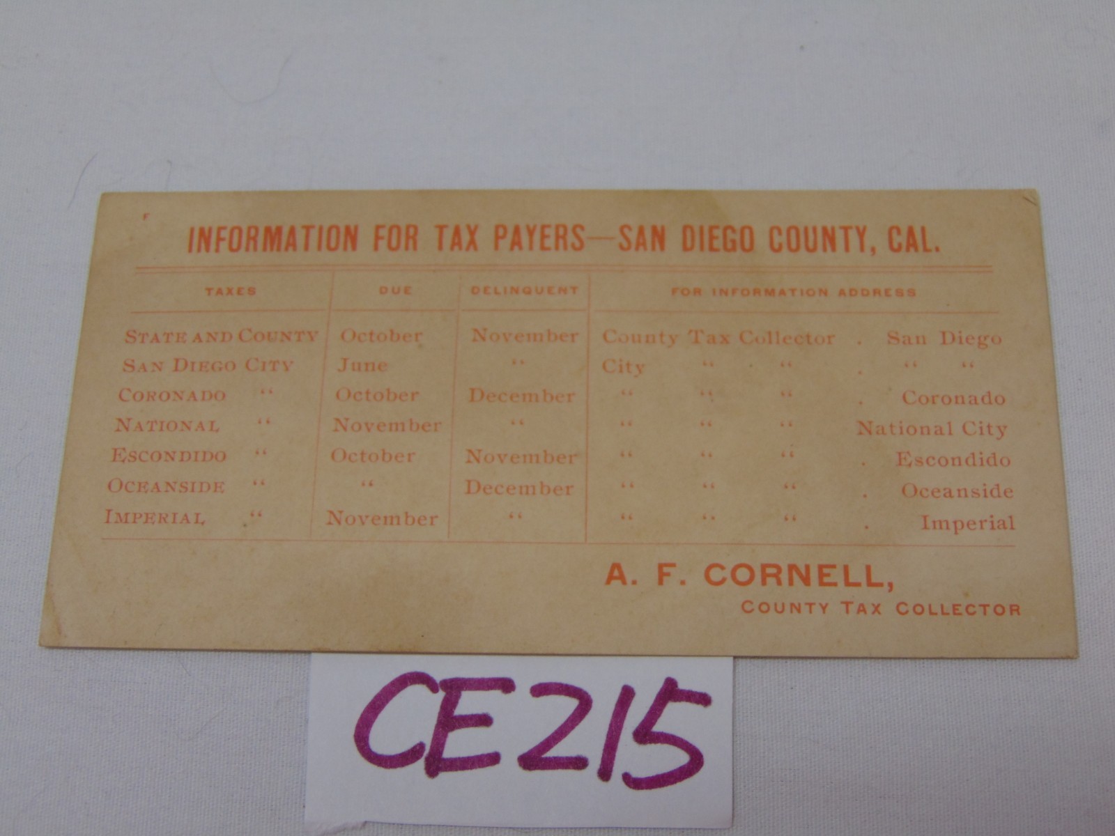 VINTAGE ANTIQUE SAN DIEGO COUNTY, CA. TAX PAYERS DUE DATE GUIDE 1920\'S ? CORNELL