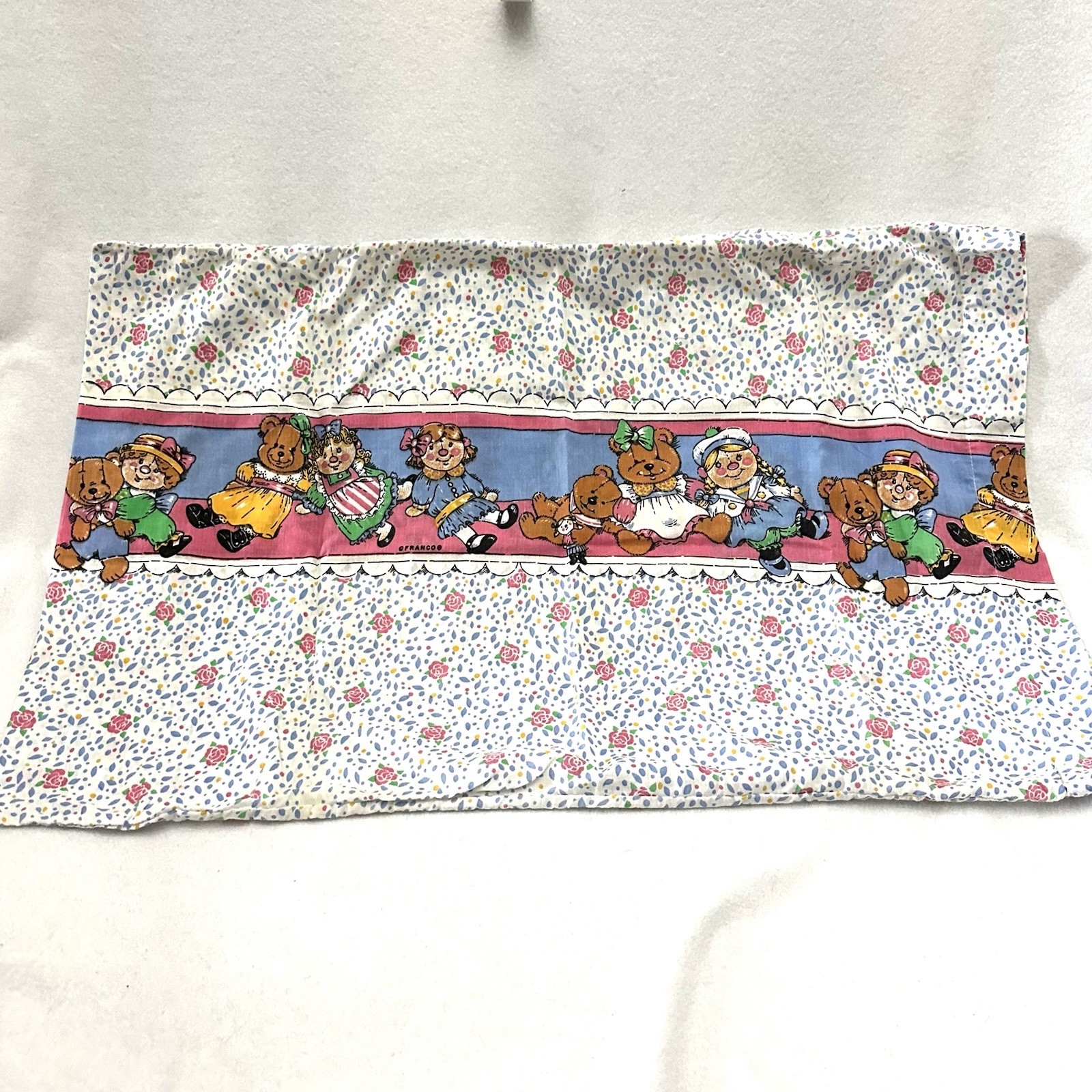 Vintage Franco Standard Pillowcase 20” X 30” Dolls Bears Floral Roses