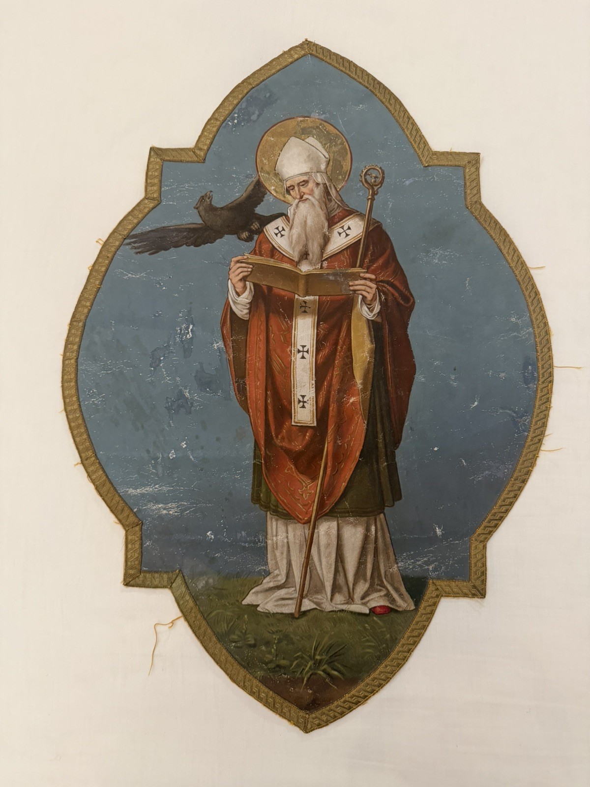 Antique 19thC. Traditional Religious Painting on Linen Fabric of Saint Nicholas Antique 19thC. Traditional Religious Painting on Linen Fabric of Saint Nicholas