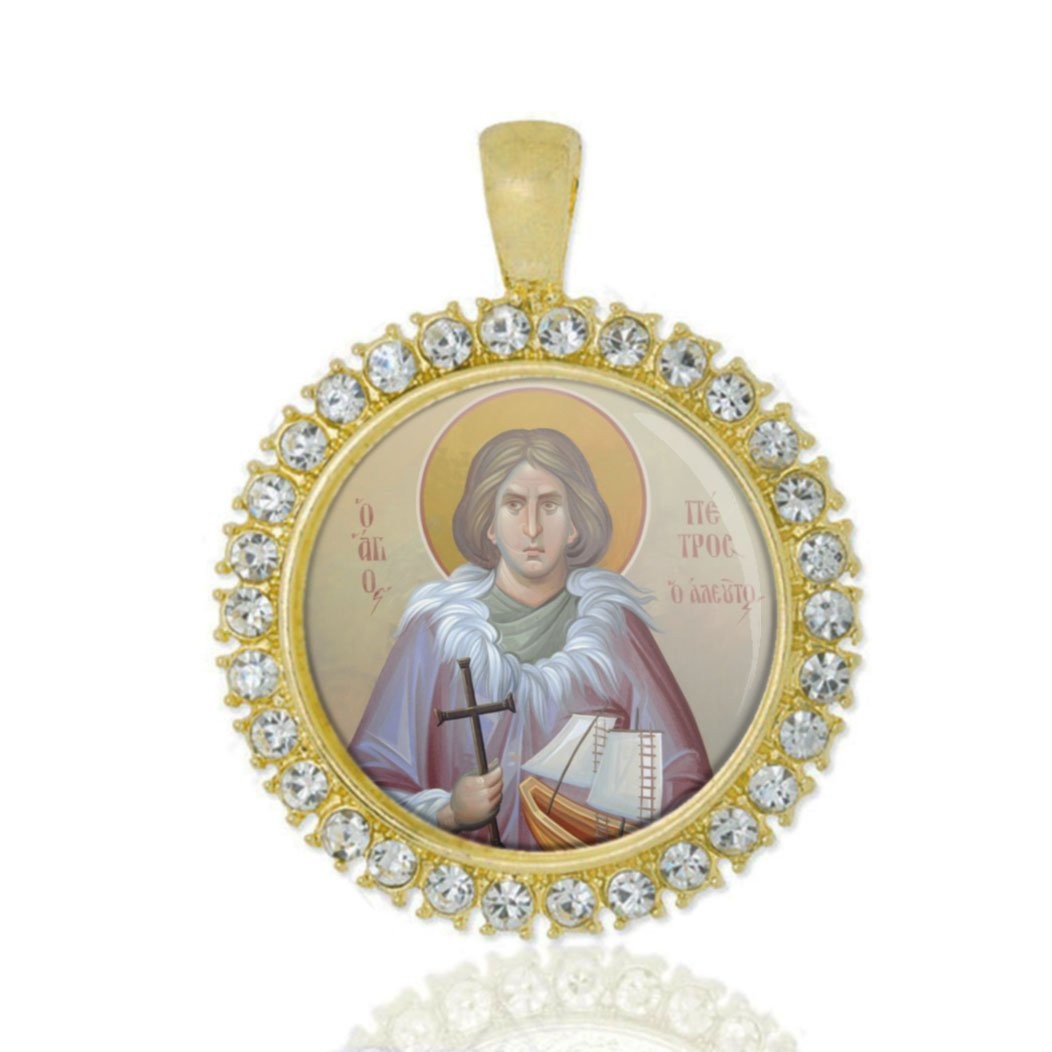 St Peter The Aleut Christian Round Medal Gold Tone Pendant with Rhinestones