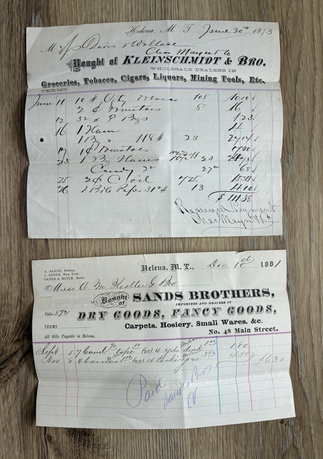 Antique Helena Montana Territory Ephemera 1873 Kleinschmidt Bro & 1881 Sands Bro