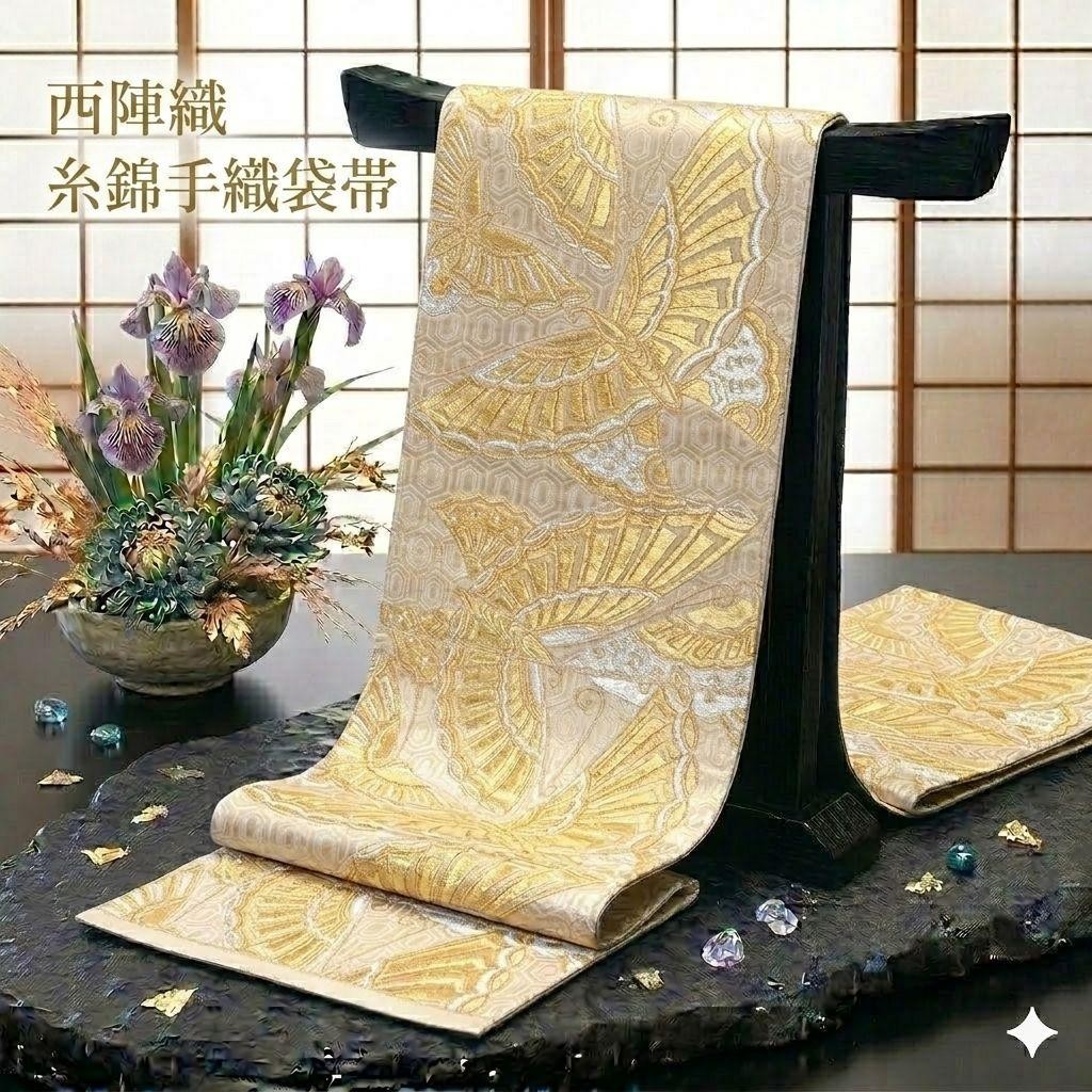 Nishijin-ori Silk Fukuro-obi Handwoven Butterfly Pattern Kimono Belt, Excellent
