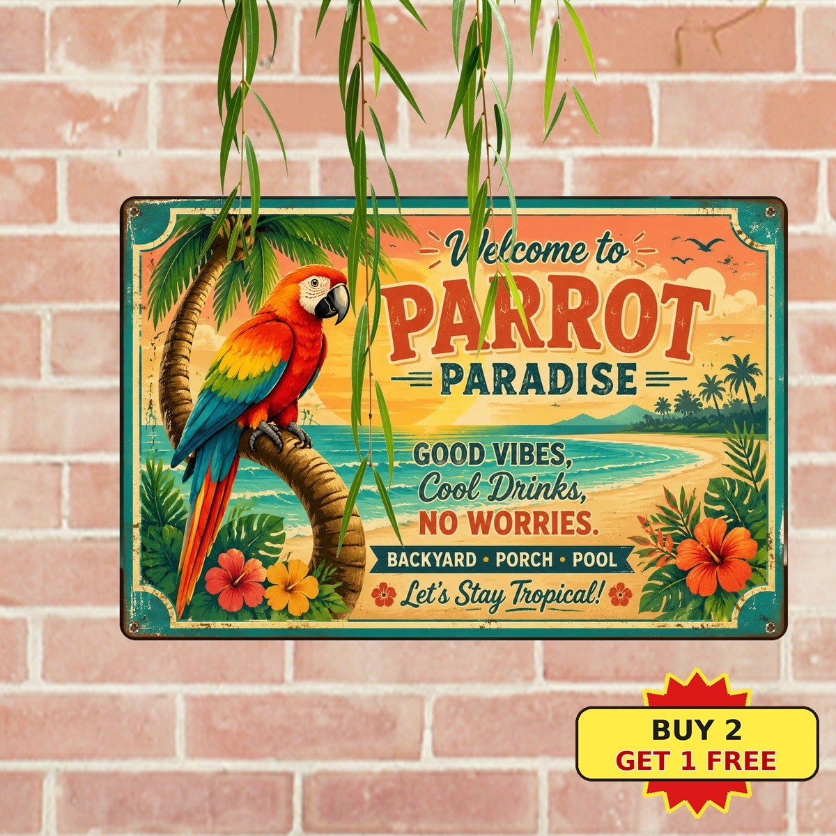 Tropical Parrot Backyard Tiki Bar Porch Poolside Outdoor Art Metal Sign 8x12