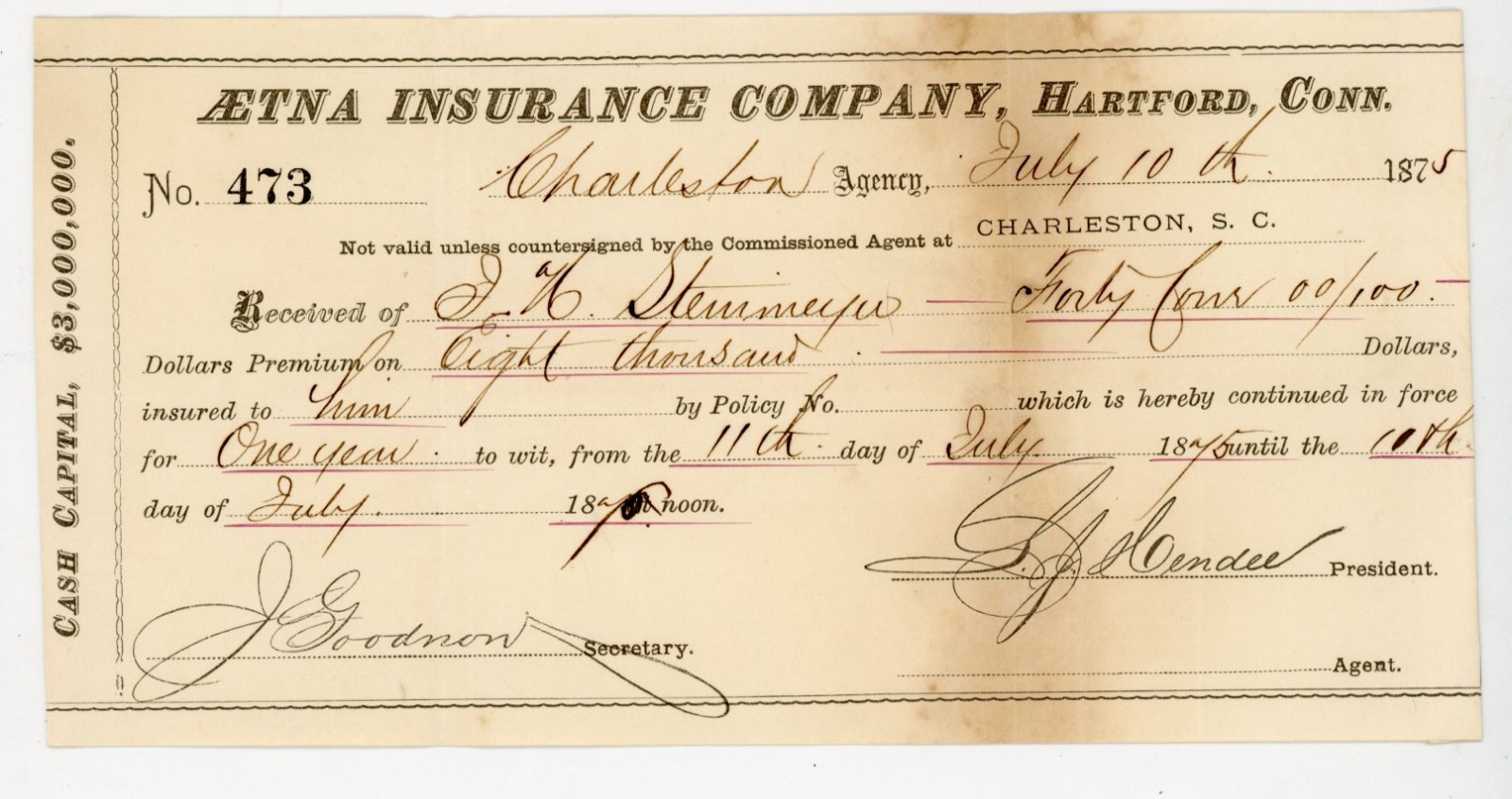 1875 Aetna Insurance Co Receipt Charleston SC Paper Ephemera Antique Document 1875 Aetna Insurance Co Receipt Charleston SC Paper Ephemera Antique Document