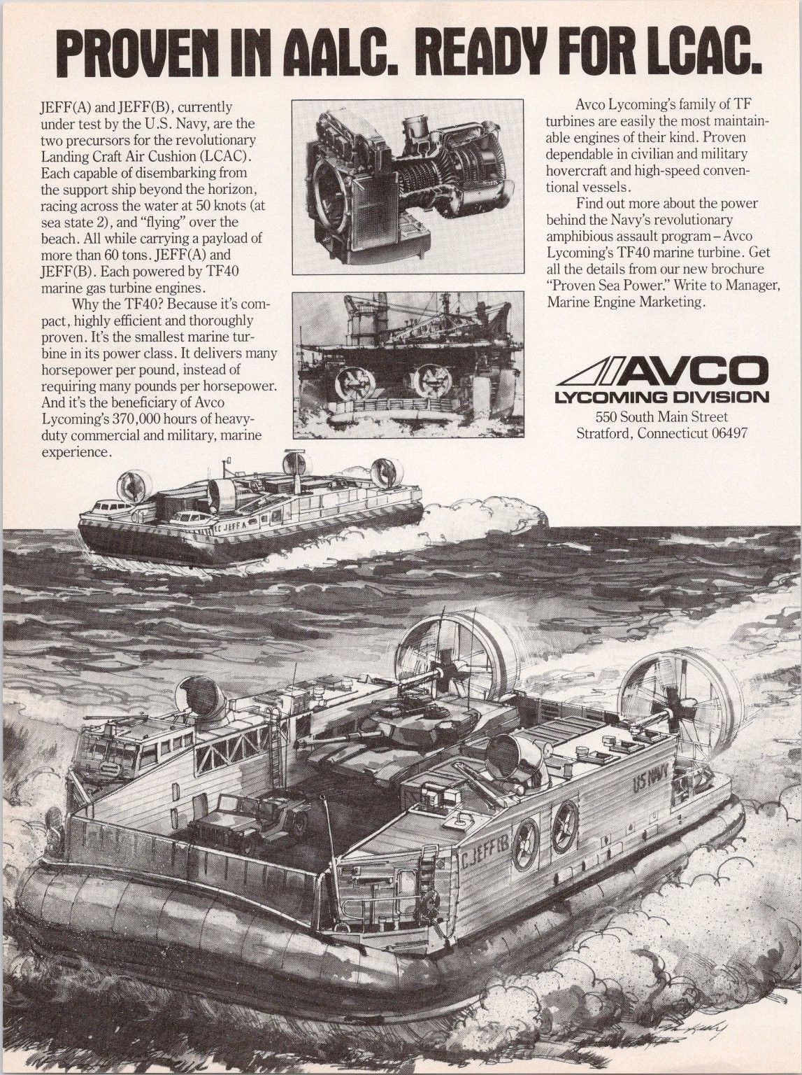 AVCO Lycoming TF40 Engine LCAC Hovercraft Military Marine Print Ad 1980s AVCO Lycoming TF40 Engine LCAC Hovercraft Military Marine Print Ad 1980s