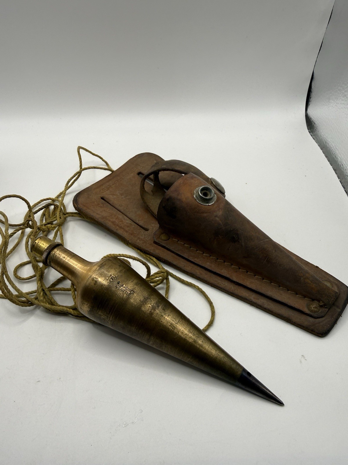 Vintage O.J. Kuker Seattle Brass Surveyor Plumb Bob Leather Kuker-Ranken Sheath