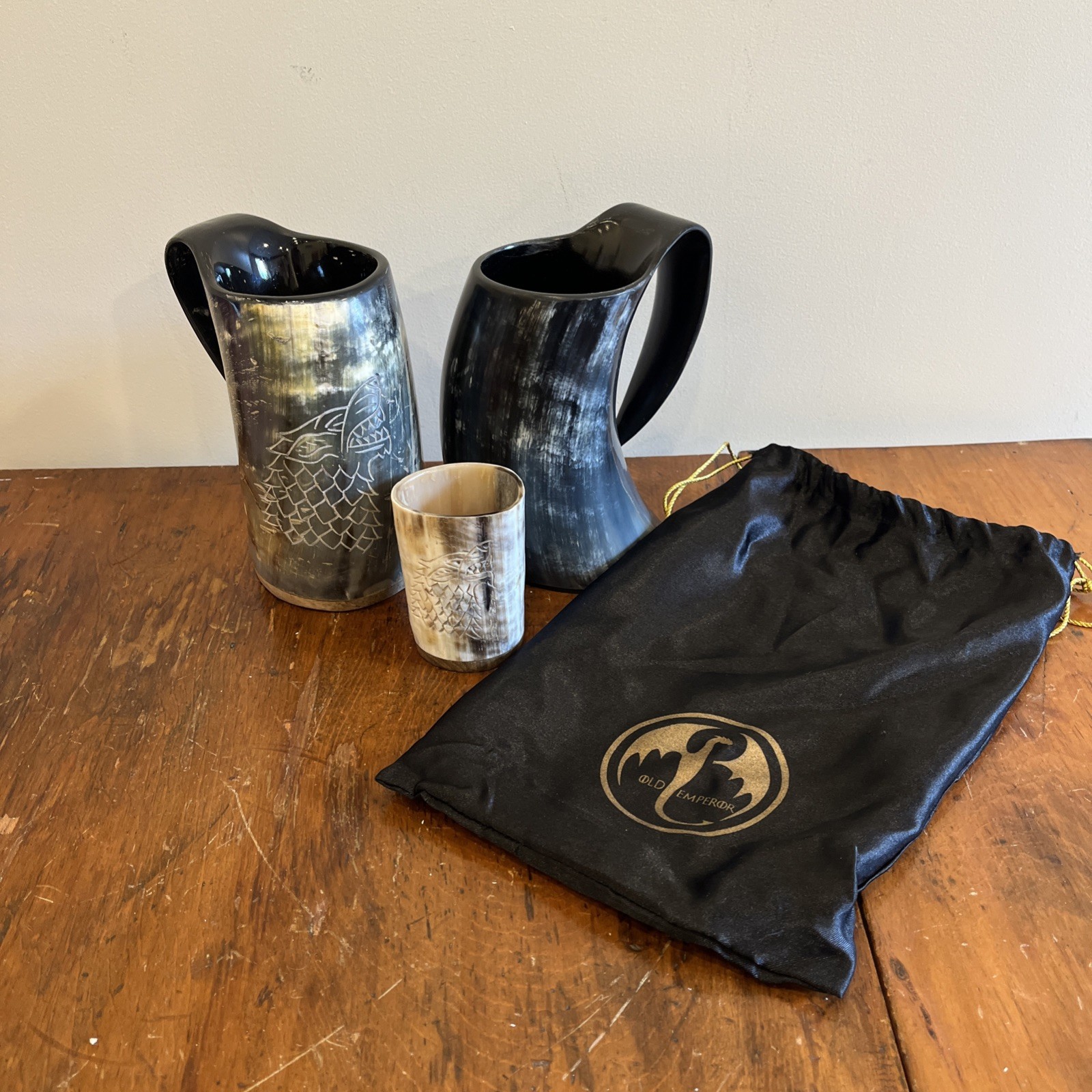 Viking Culture Tankered Wolf Design Mug And Glass, Lot 3, Carved Horn, NWOT