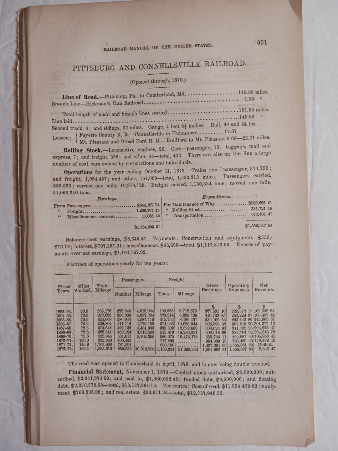 1875 Train Report PITTSBURGH & CONNELLSVILLE RAILROAD  Cumberland Maryland 