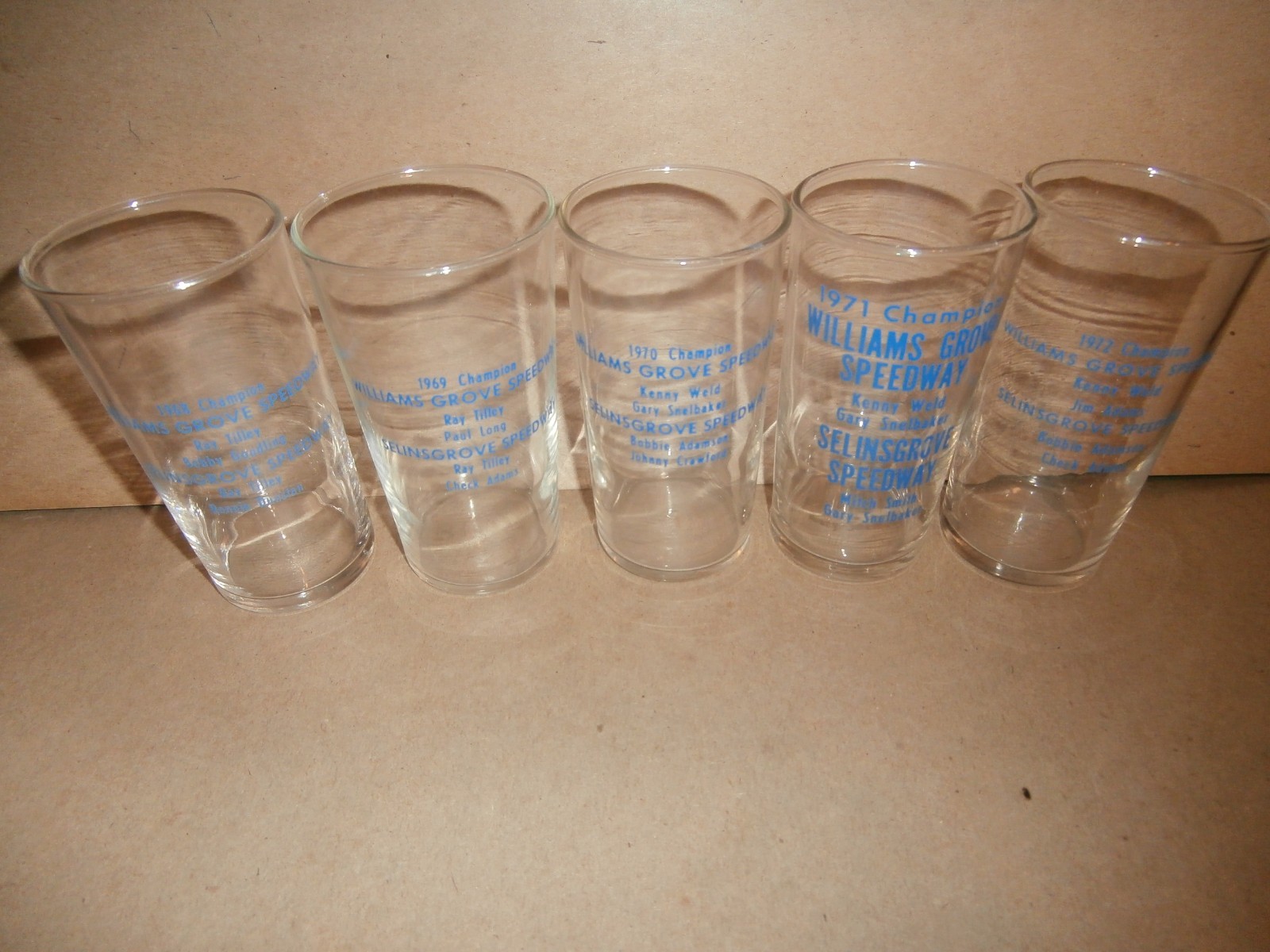 5 Vintage Williams Grove Selinsgrove PA Speedway Champions Glasses 1968 - 1972