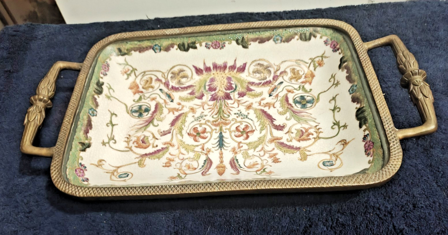 Vintage Tang Hua Zhi Rong  Porcelain and Brass Tray  15 1/2 ” x9 1/2 ”