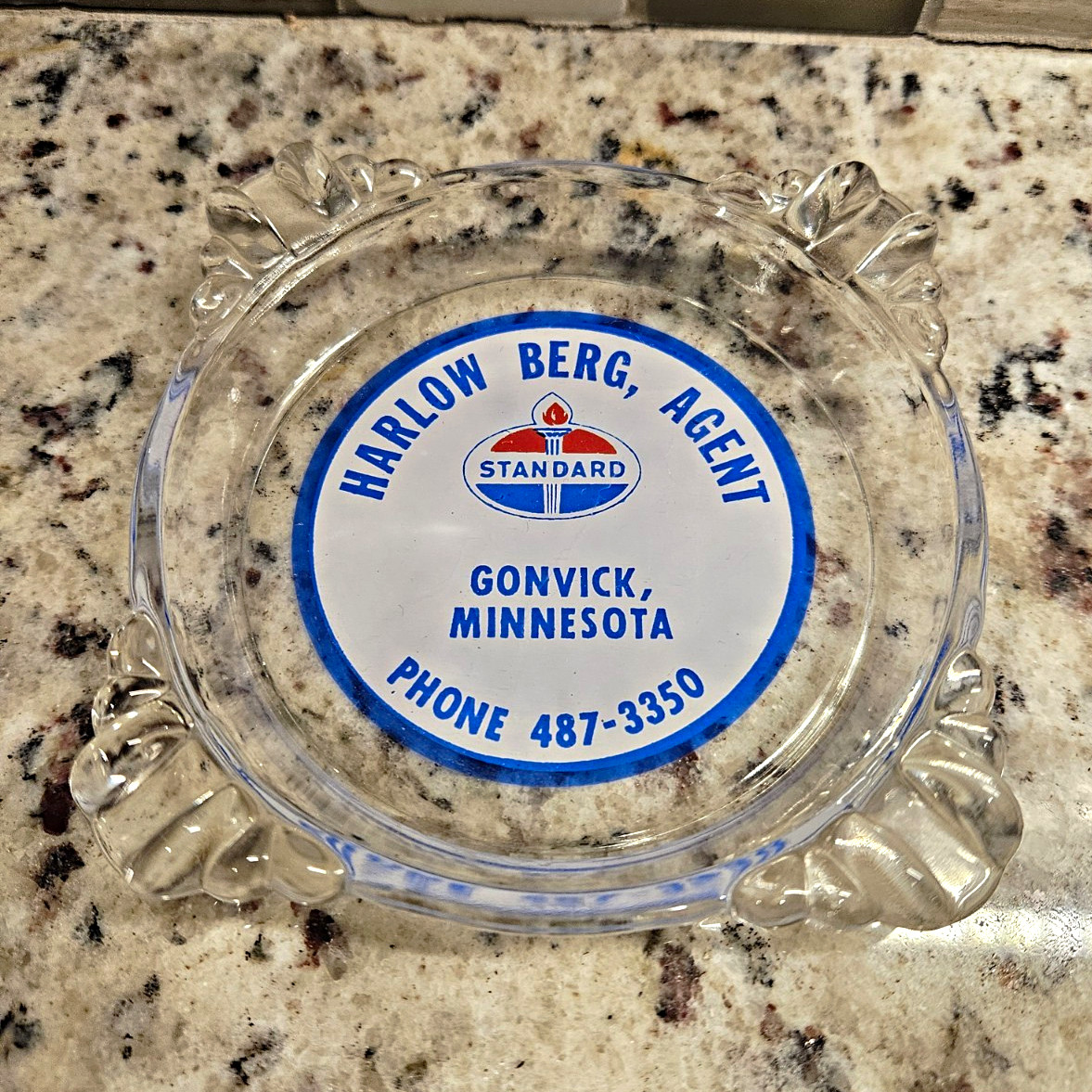 Vintage Standard Oil Glass Ashtray Harlow Berg Agent Gonvick MN Gas & Oil Promo