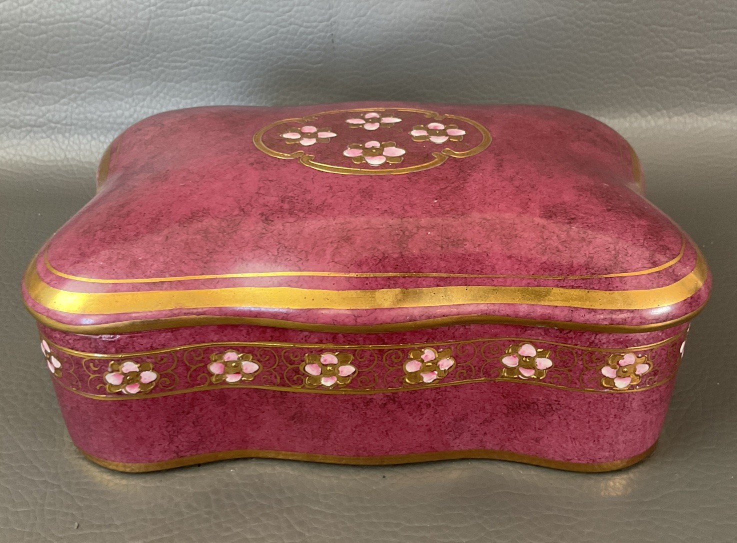 Vintage Porcelain Toyo Trinket Box with Lid  and Pink Cloisonne  Flowers  on Top