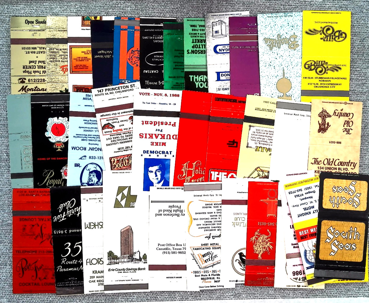 Vintage US Matchbook Cover Lot Of 35 Mixed USA Ads Hotels Restaurants Bars Banks