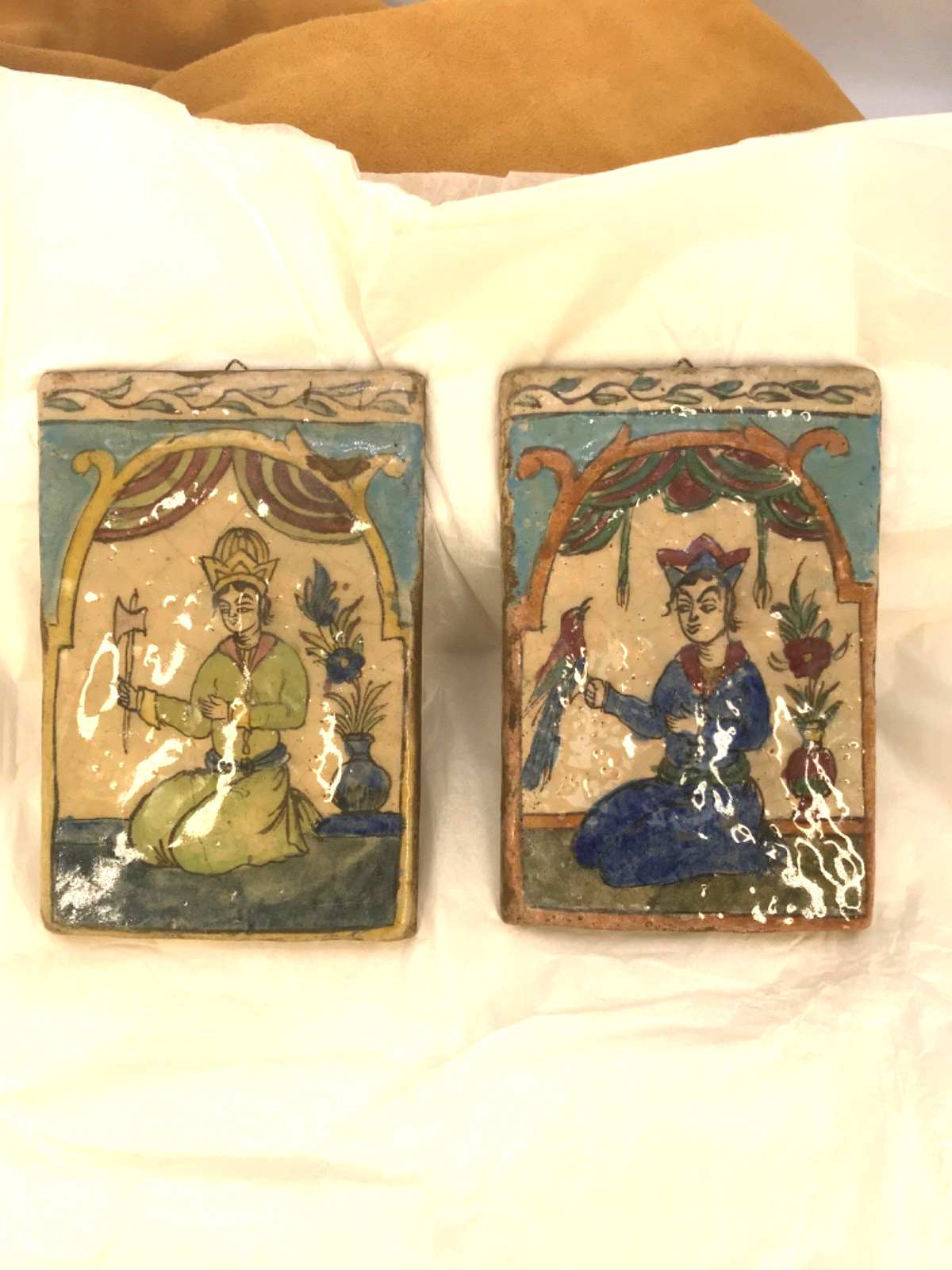 Pair Antique PERSIAN QAJAR FIGURAL POTTERY TILES Hand Painted BIRDS 19th Century