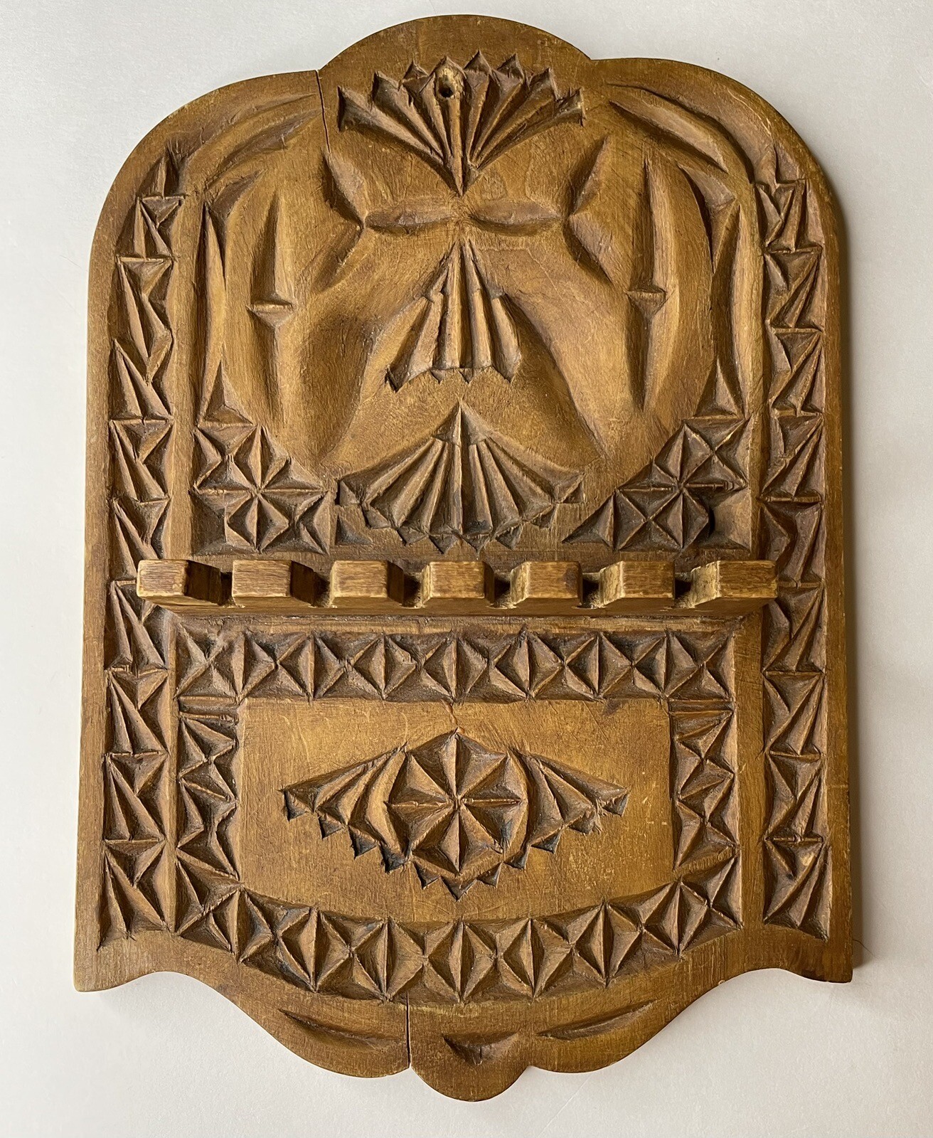 Antique Tramp Art Holder Spoons Keys ? Felt Over Carved Back 10” X 7” Read
