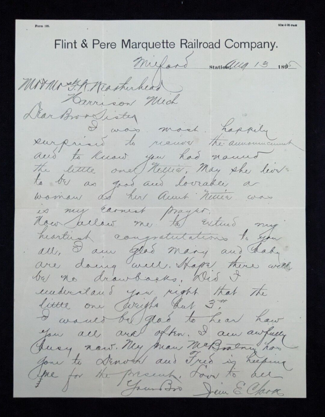 Antique 1895 FLINT & PERE MARQUETTE RAILROAD Co Letterhead ~ Milford, MI Station