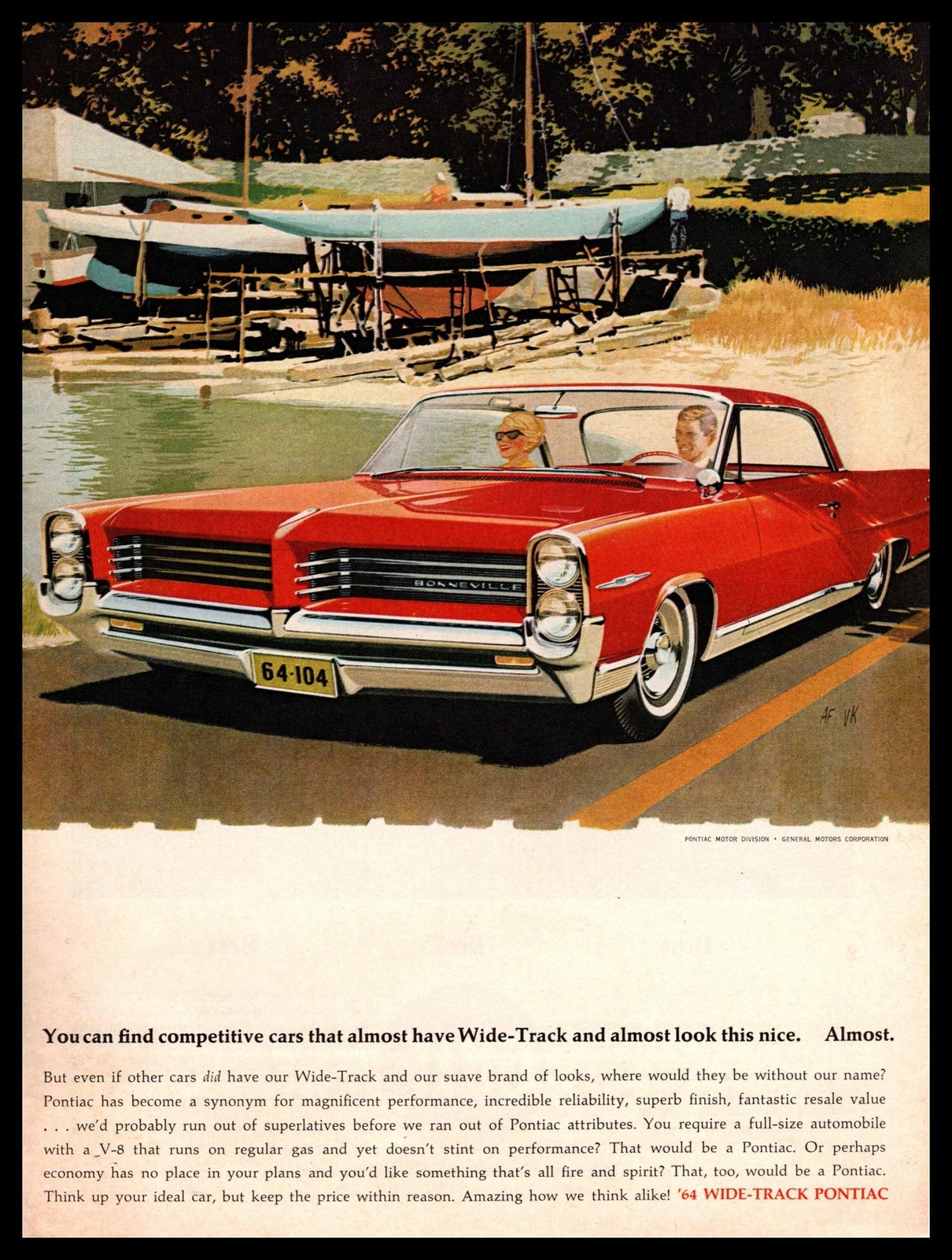 1964 Pontiac Bonneville Catalina Wide-Track V-8 Engine Vintage GM Print Ad