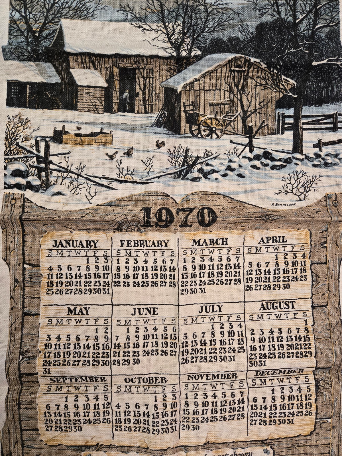 1970 Linen Calendar Tea Towel Vintage Barn Snow Chickens Scenic Rustic Farmhouse