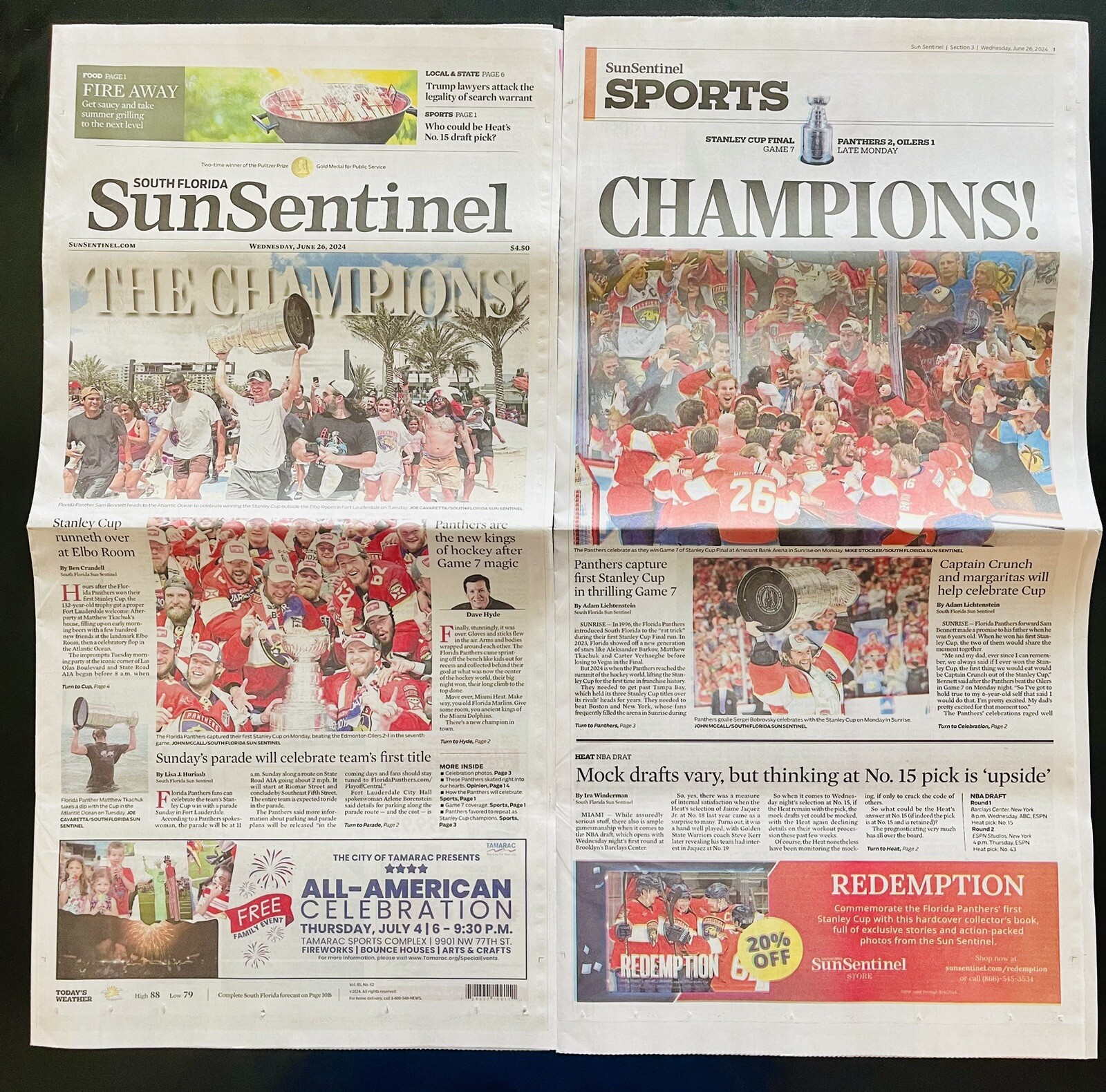 🏆HISTORIC STANLEY CUP FLORIDA PANTHERS NHL 2024 CHAMPS SUN SENTINEL NEWSPAPER