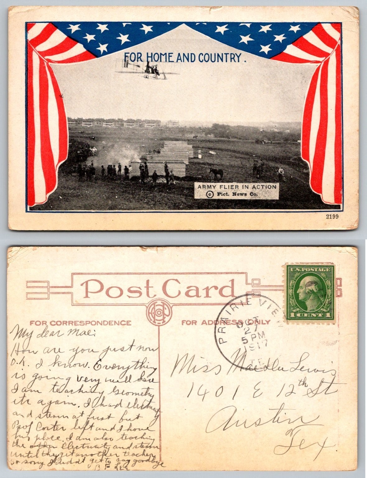 Vintage 1917 WWI Era Army Flier Biplane Patriotic Postcard Prairie View TX Vintage 1917 WWI Era Army Flier Biplane Patriotic Postcard Prairie View TX