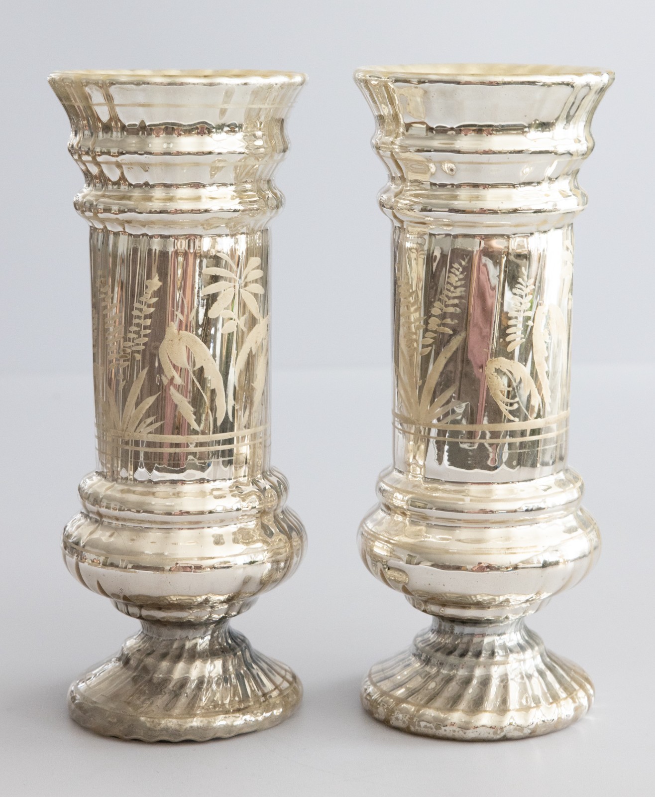 Pair of Large Antique 19th Century French Silvered Mercury Glass Vases 12.75