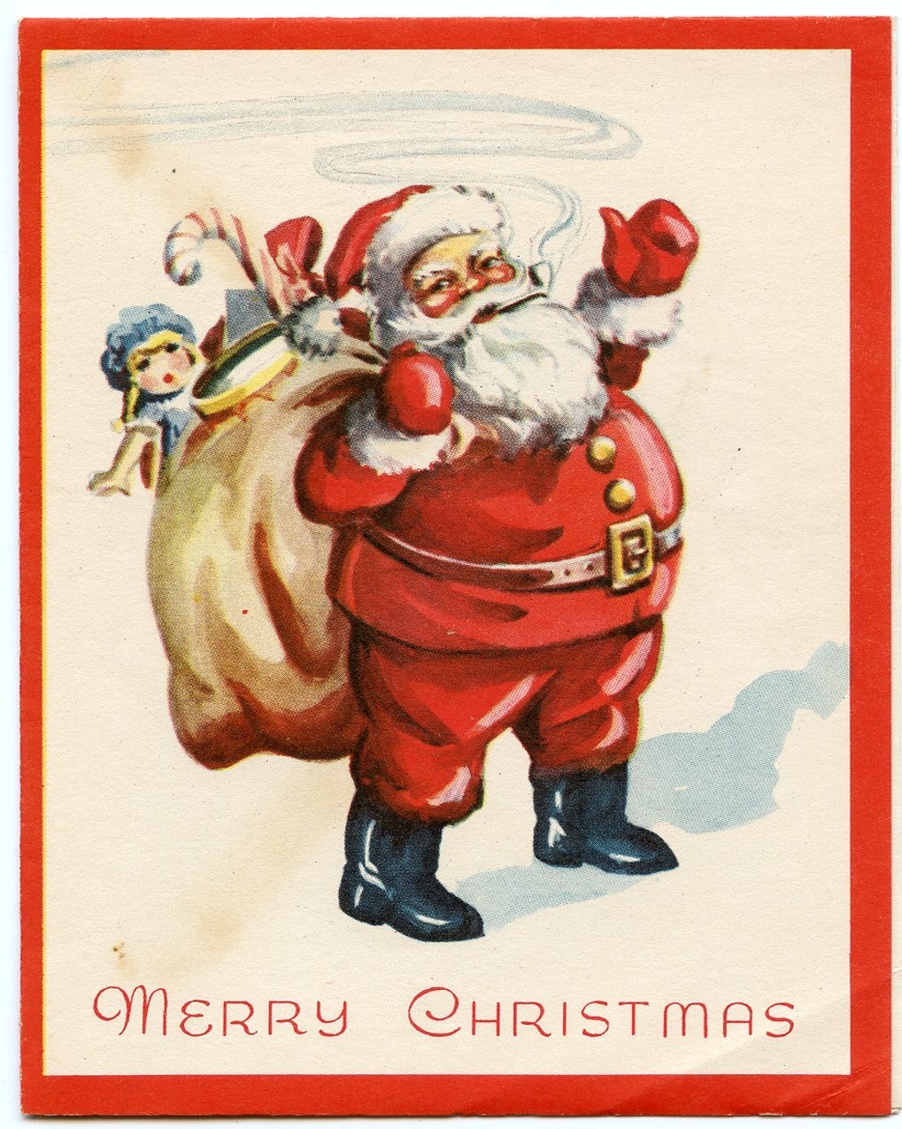 Santa Claus carrying bag of presents - Vintage 1949 Christmas Greeting Card