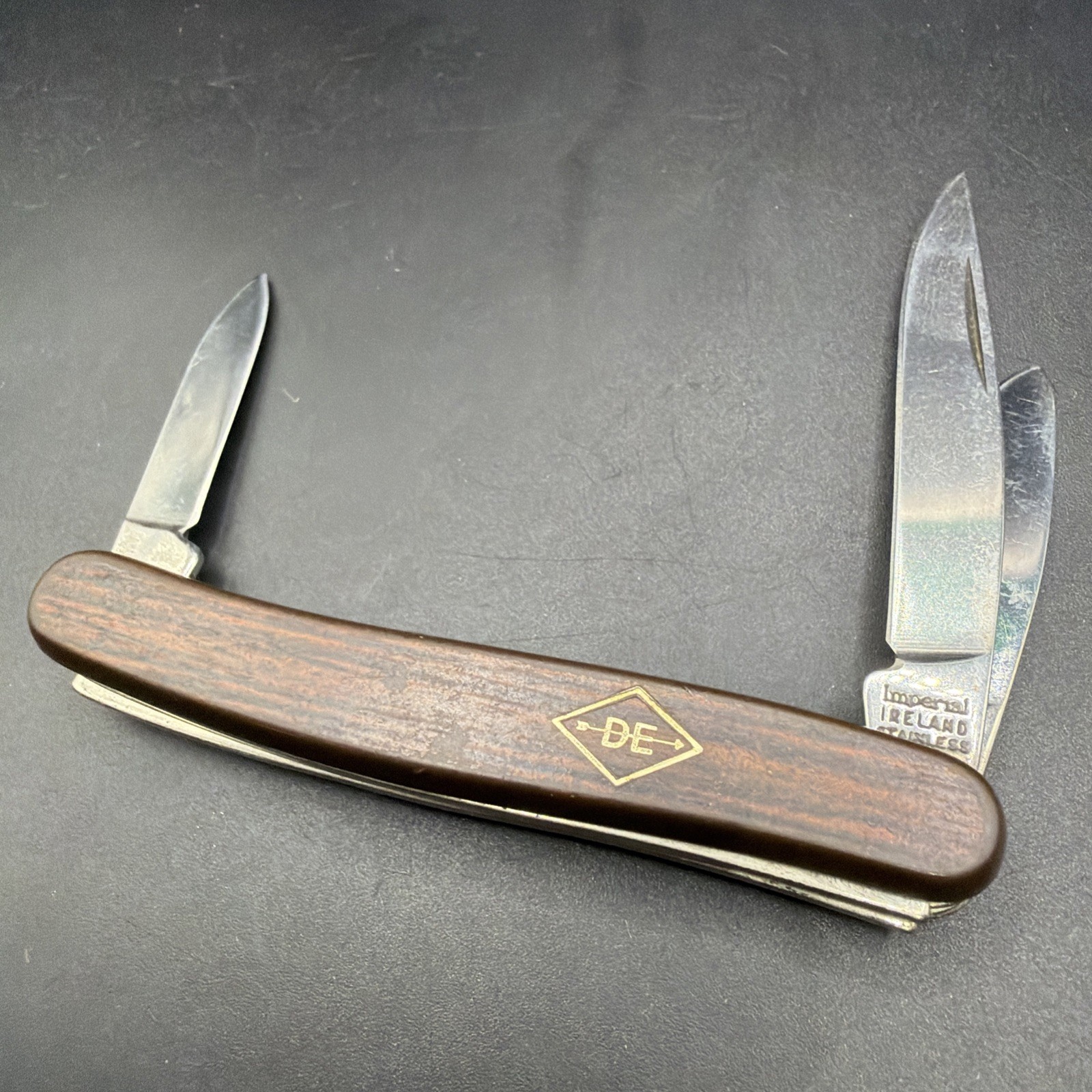Vtg Imperial Ireland Diamond Edge DE 3 Blade Pocket Knife Faux Wood Near Mint