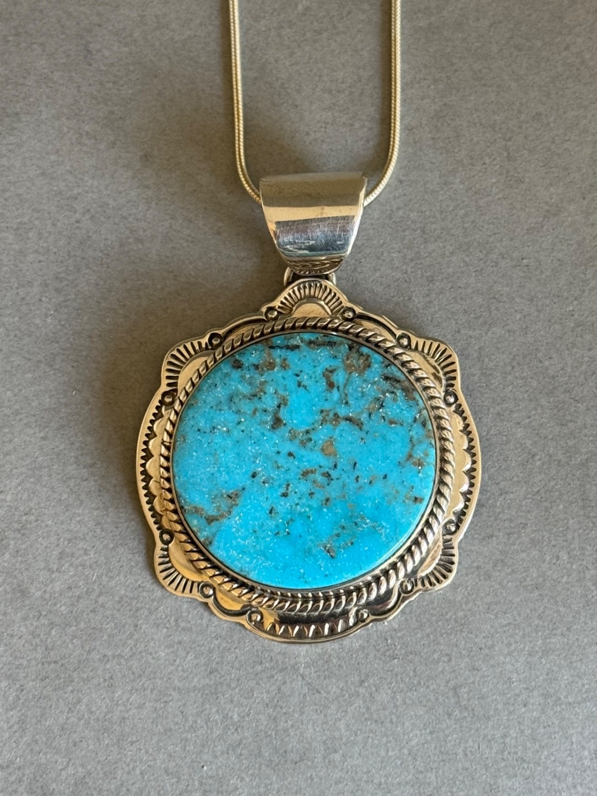 Unused Large Navajo Sterling Silver and Turquoise Pendant on Chain J Piaso Jr