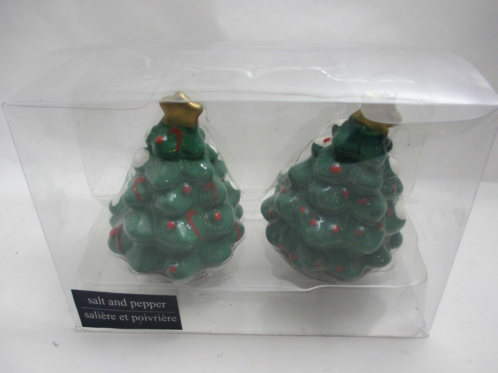 Christmas Tree Salt and Pepper Shakers NIB Decorated w/Star Canes Snowy