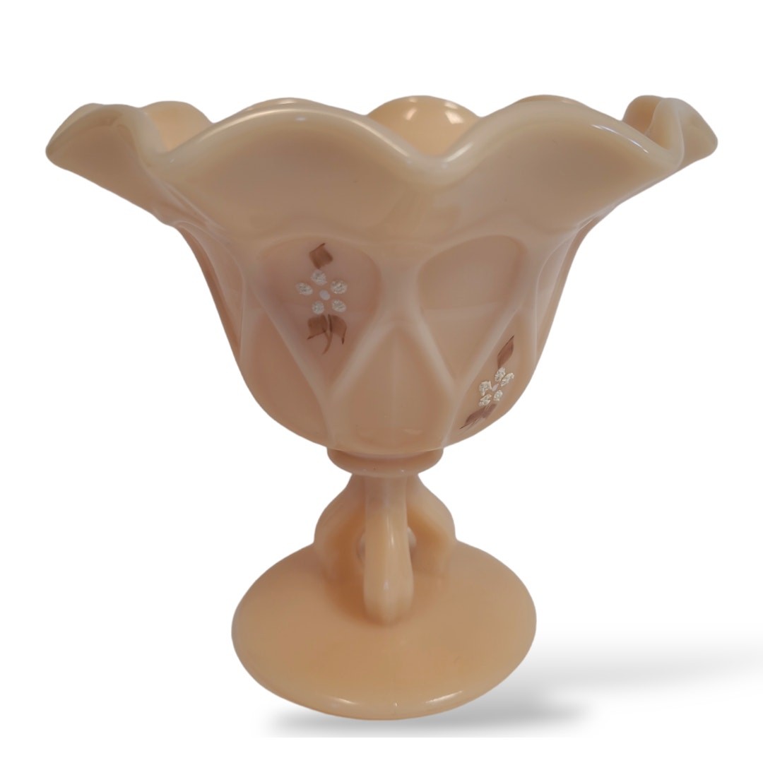 Westmorland Glass Compote Pedestal Bowl Hand Painted B. Parry 1979 Beige VTG