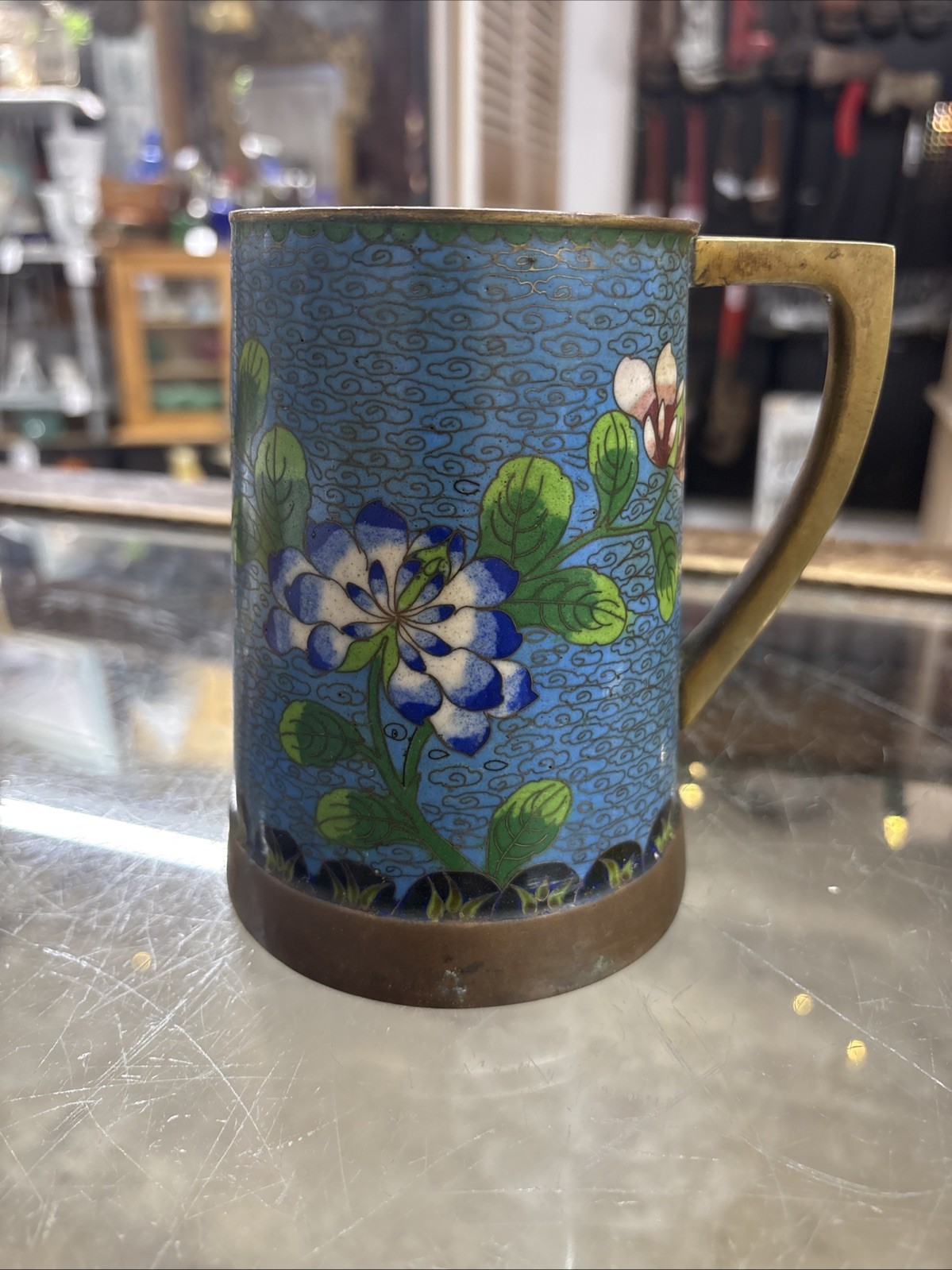 Vintage Cloissone Copper/Blue Enamel With Flowers Mug Hard To Find