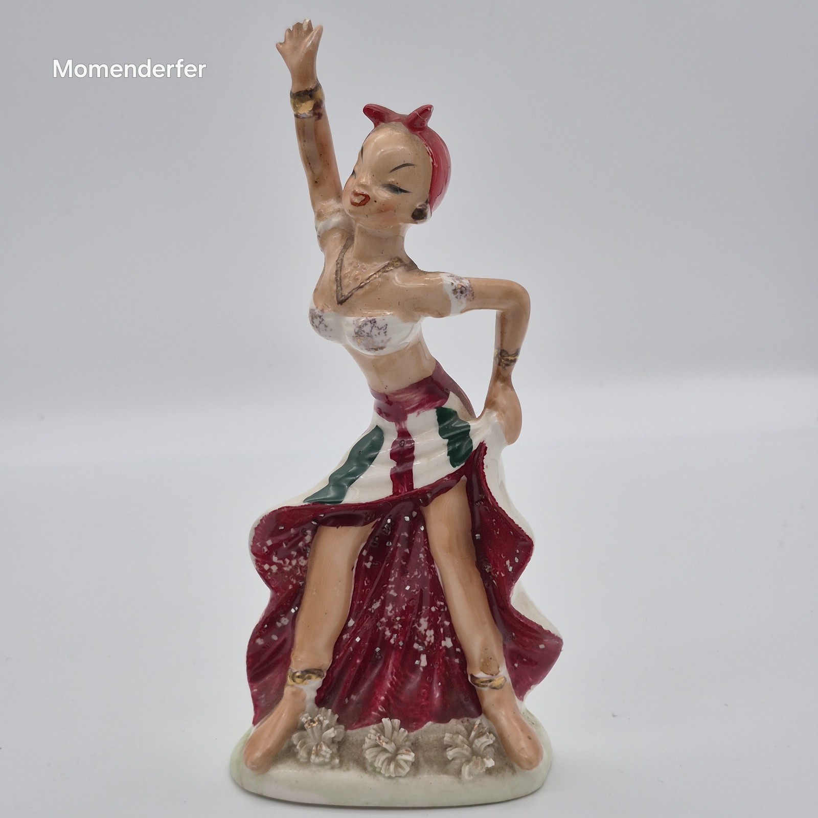 Vintage MCM Spaghetti Trim Pin Up Dancer Lady Figurine Red Turban Mica 6.5 In