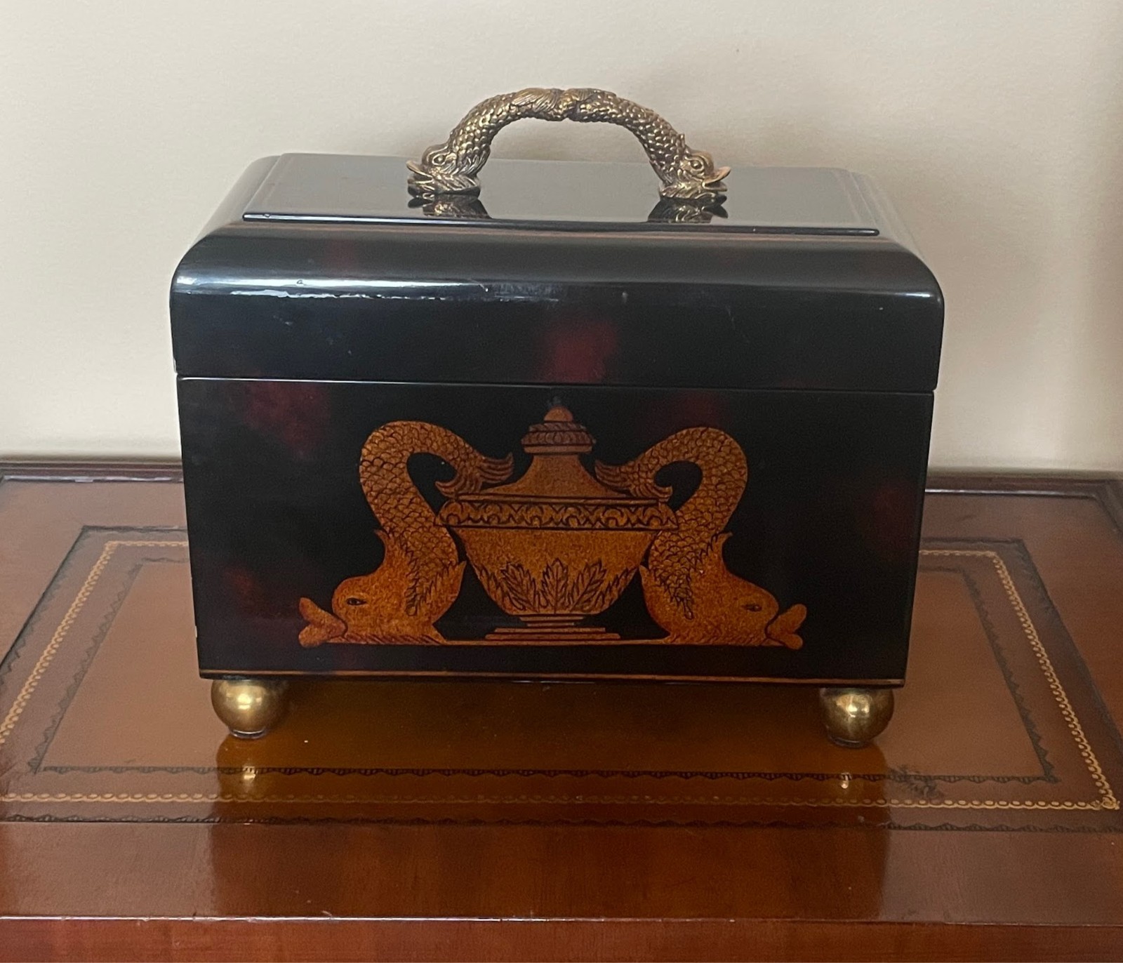 Vintage Maitland-Smith Lacquer Box Hand Made In Philippines Brass Feet Handle