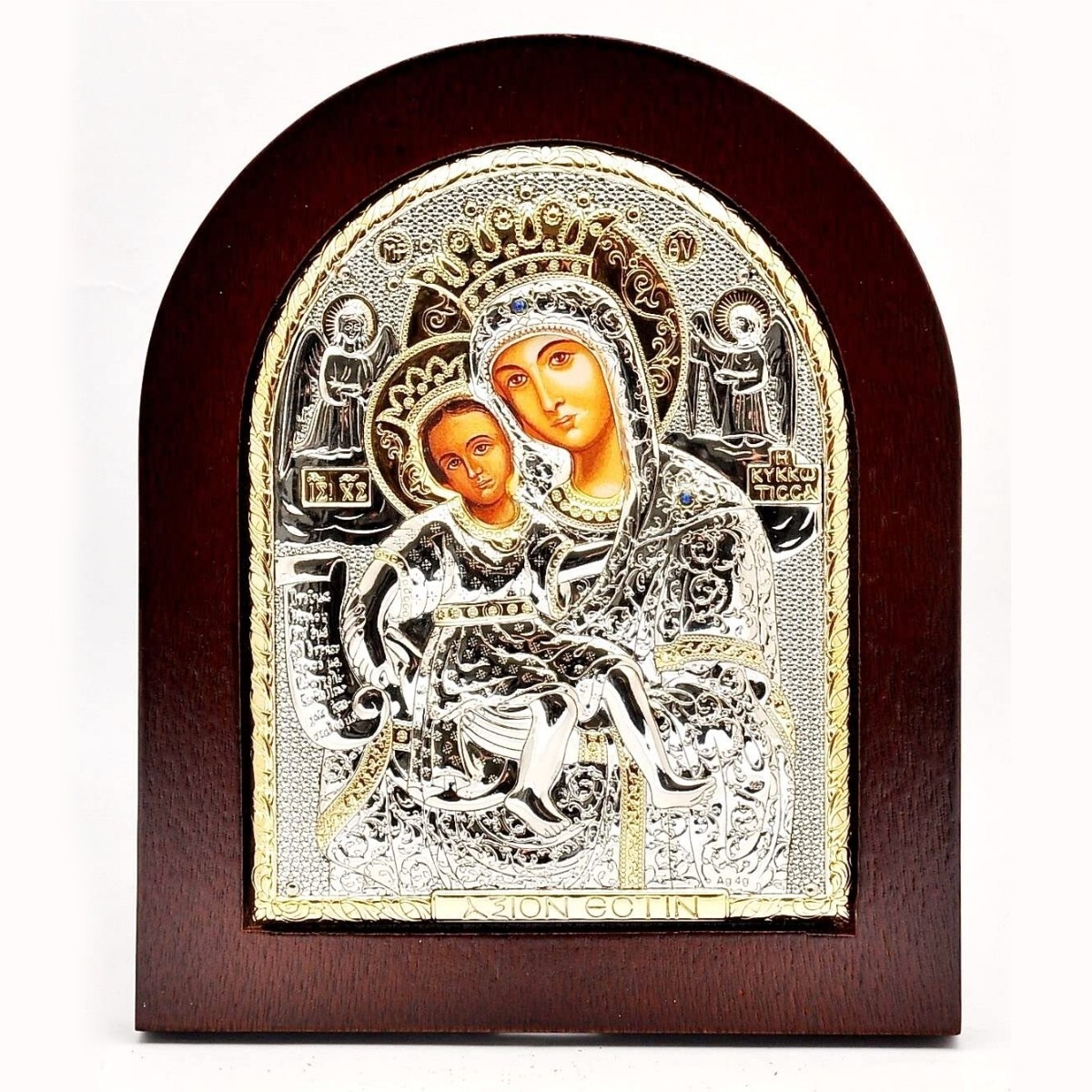 Maria with Angels Byzantine Icon Sterling Silver 925 Treated Size 19x16cm