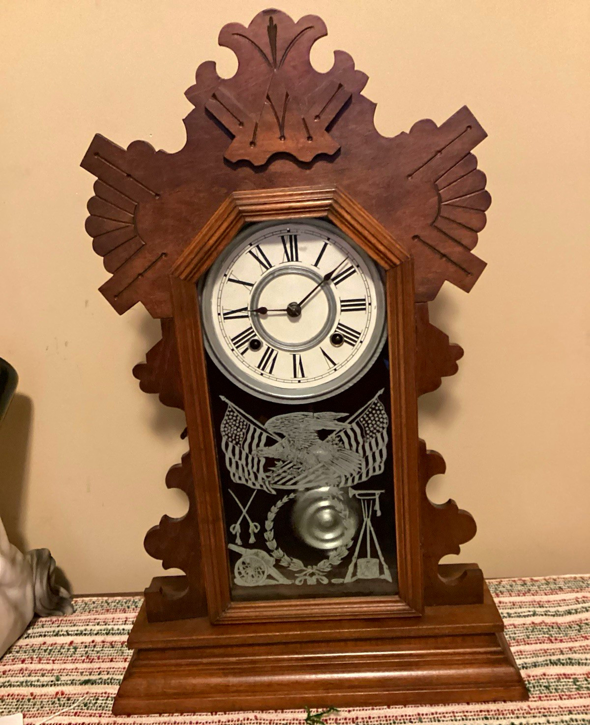 Antique Wood & Glass Shelf Clock Roman Numerals Analog Pendulum Brown