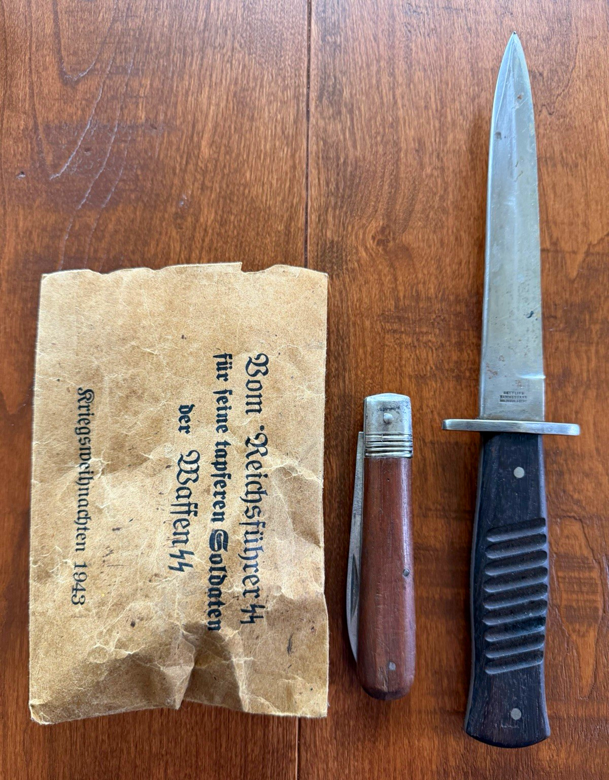 WWII German Trench Knife Marked Blade w/ Paper & Small Folding Pocketknife