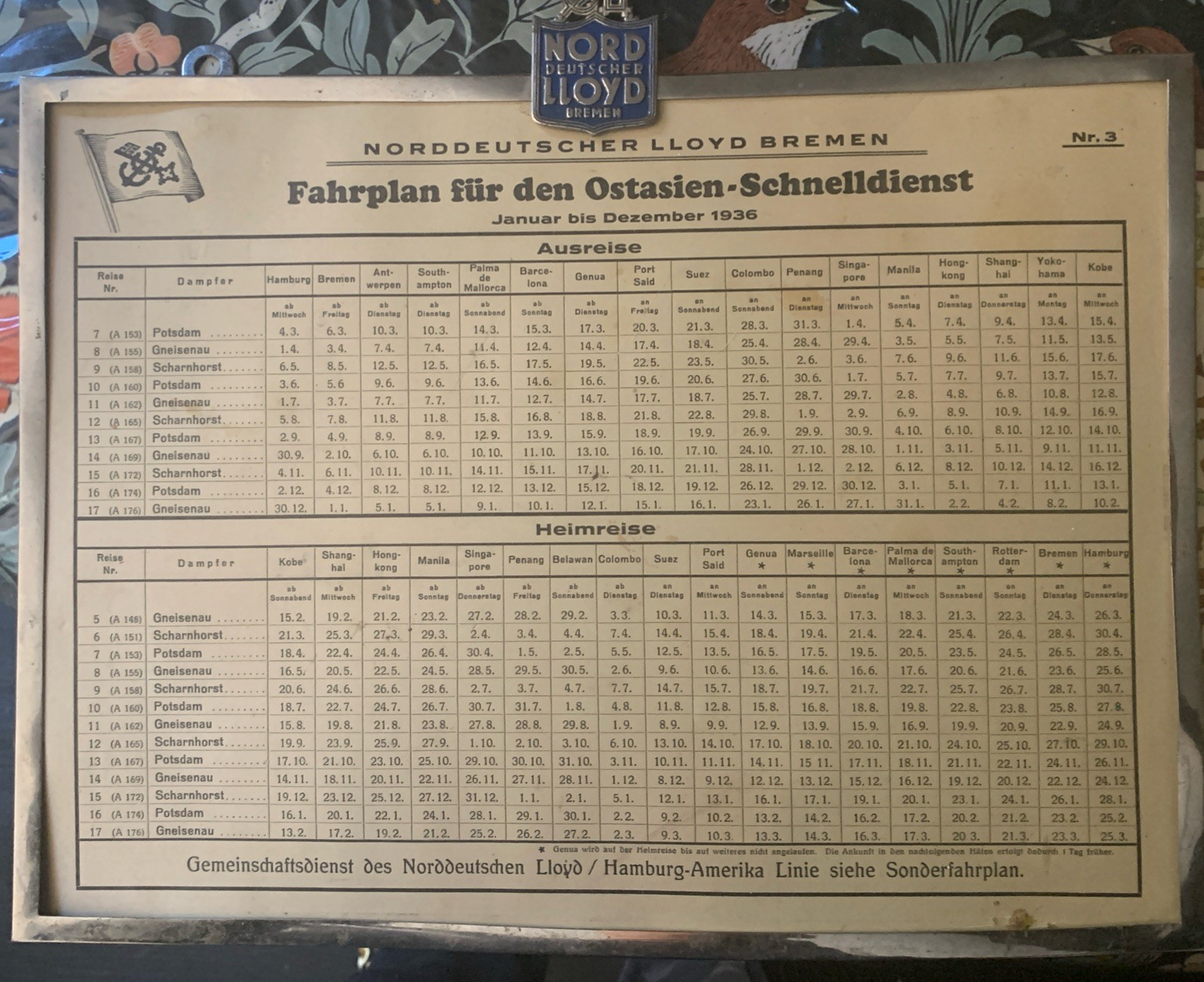 Vintage 1936 Norddeutscher Lloyd Bremen Framed Sailing Schedule Ostasien Express Vintage 1936 Norddeutscher Lloyd Bremen Framed Sailing Schedule Ostasien Express