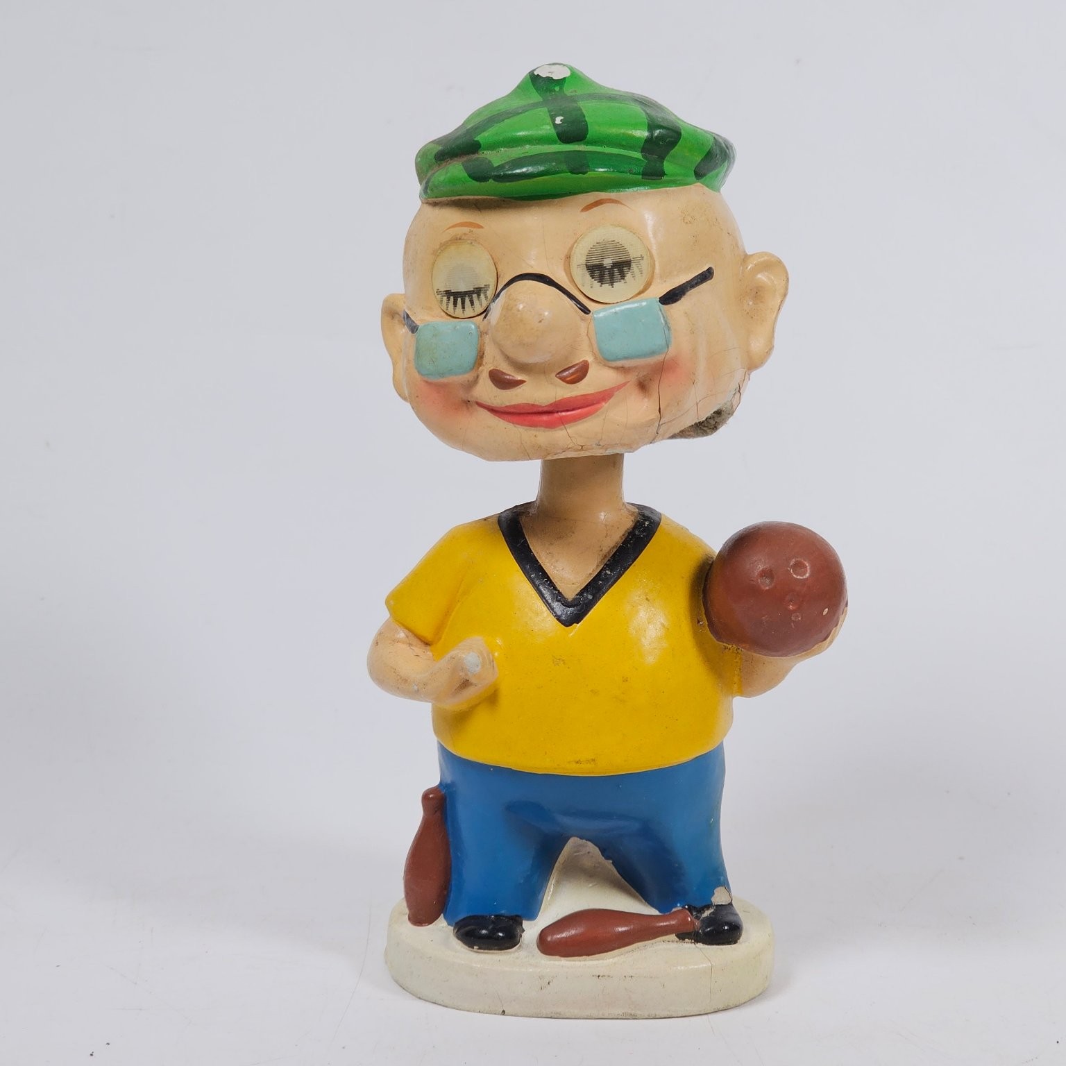 Vtg 1960s Bowler Bobblehead Nodder Winking Eye Papier Mache Bowling Japan 6.5