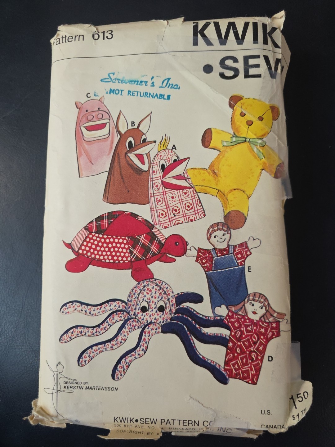 Older pattern Kwik Sew 613 HAND PUPPETS, STUFFED ANIMALS hippo wolf turtle bear Older pattern Kwik Sew 613 HAND PUPPETS, STUFFED ANIMALS hippo wolf turtle bear