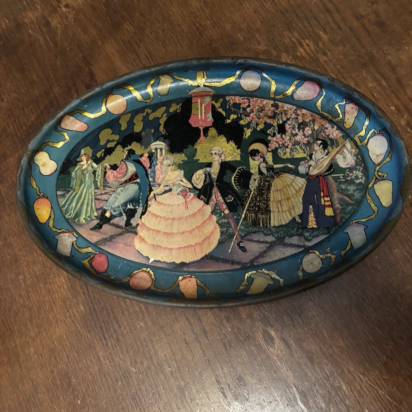 Antique 1919 Victorian Litho Tin Tray w/gold Backing - Royal Ballroom Scene
